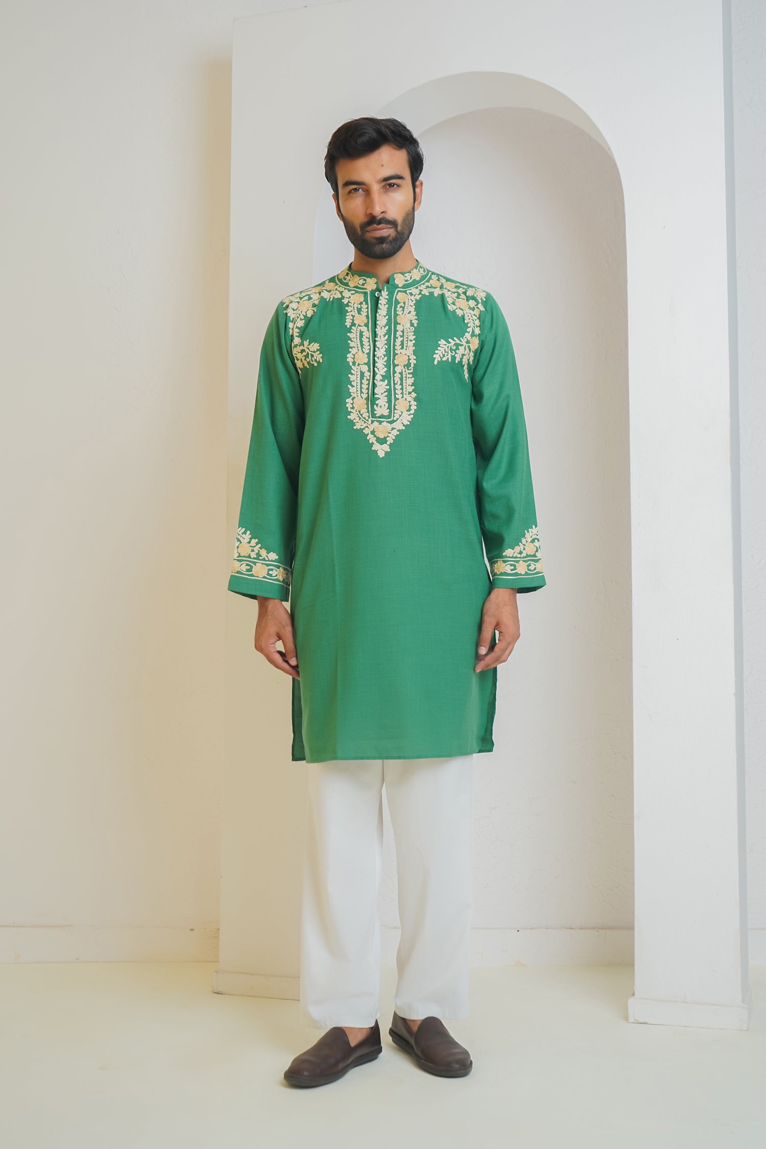 Cotton Arri Work Kurta for Men – Green
