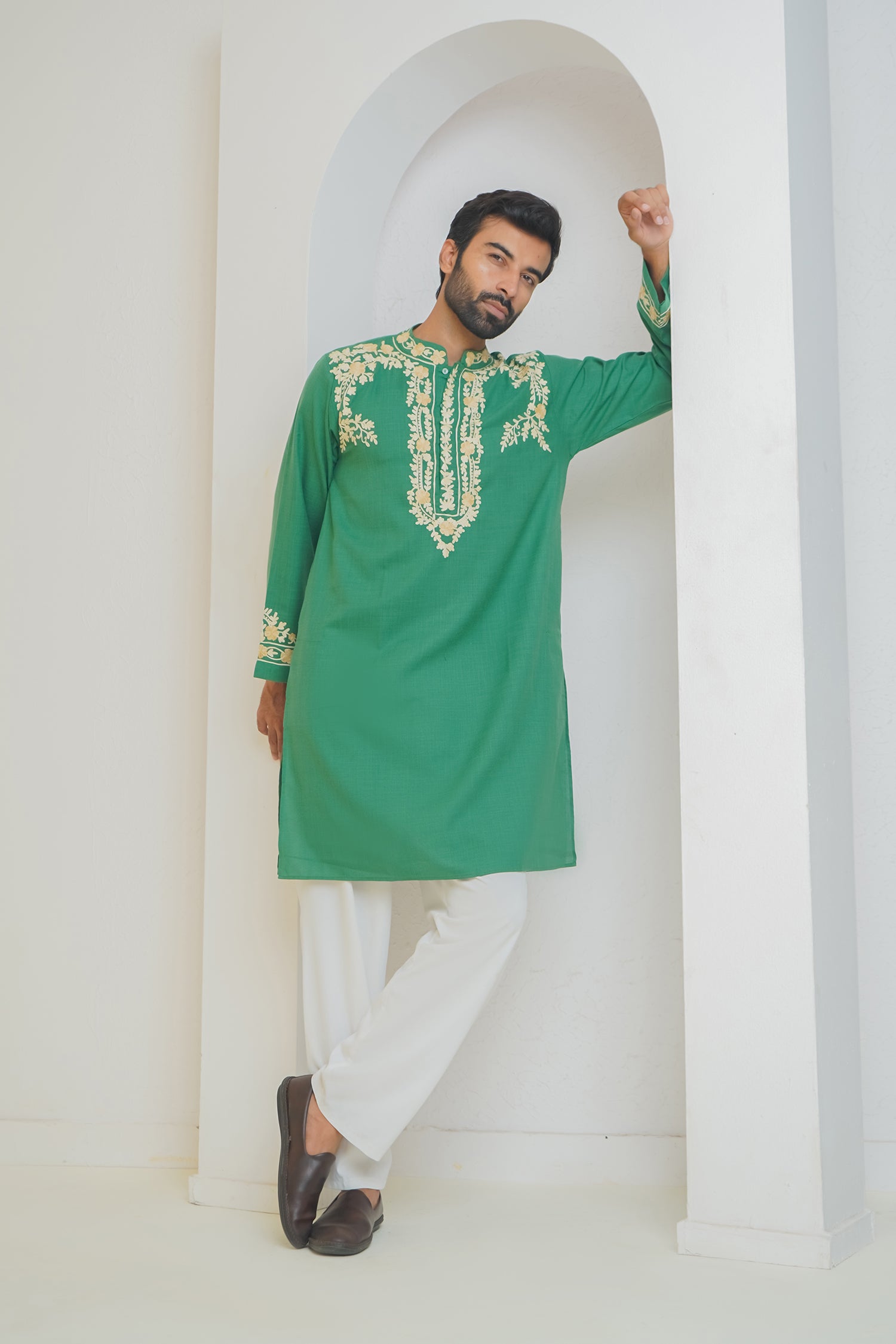 Cotton Arri Work Kurta for Men – Green