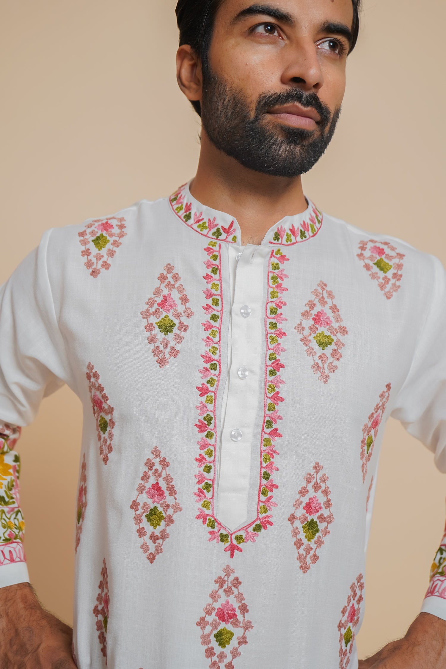 Cotton Arri Work Kurta for Men – White