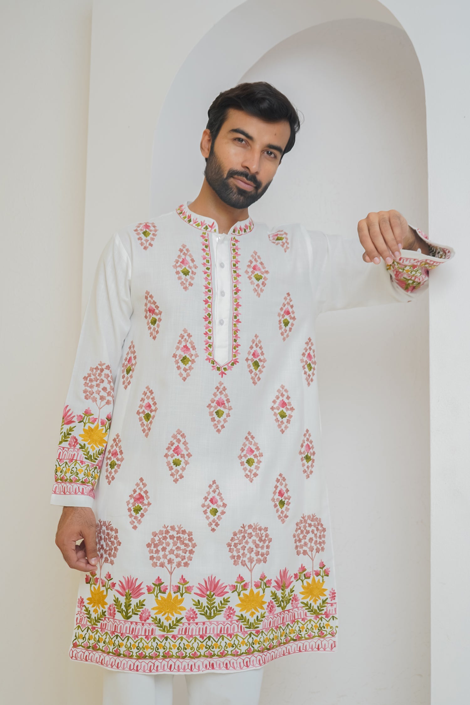 Cotton Arri Work Kurta for Men – White