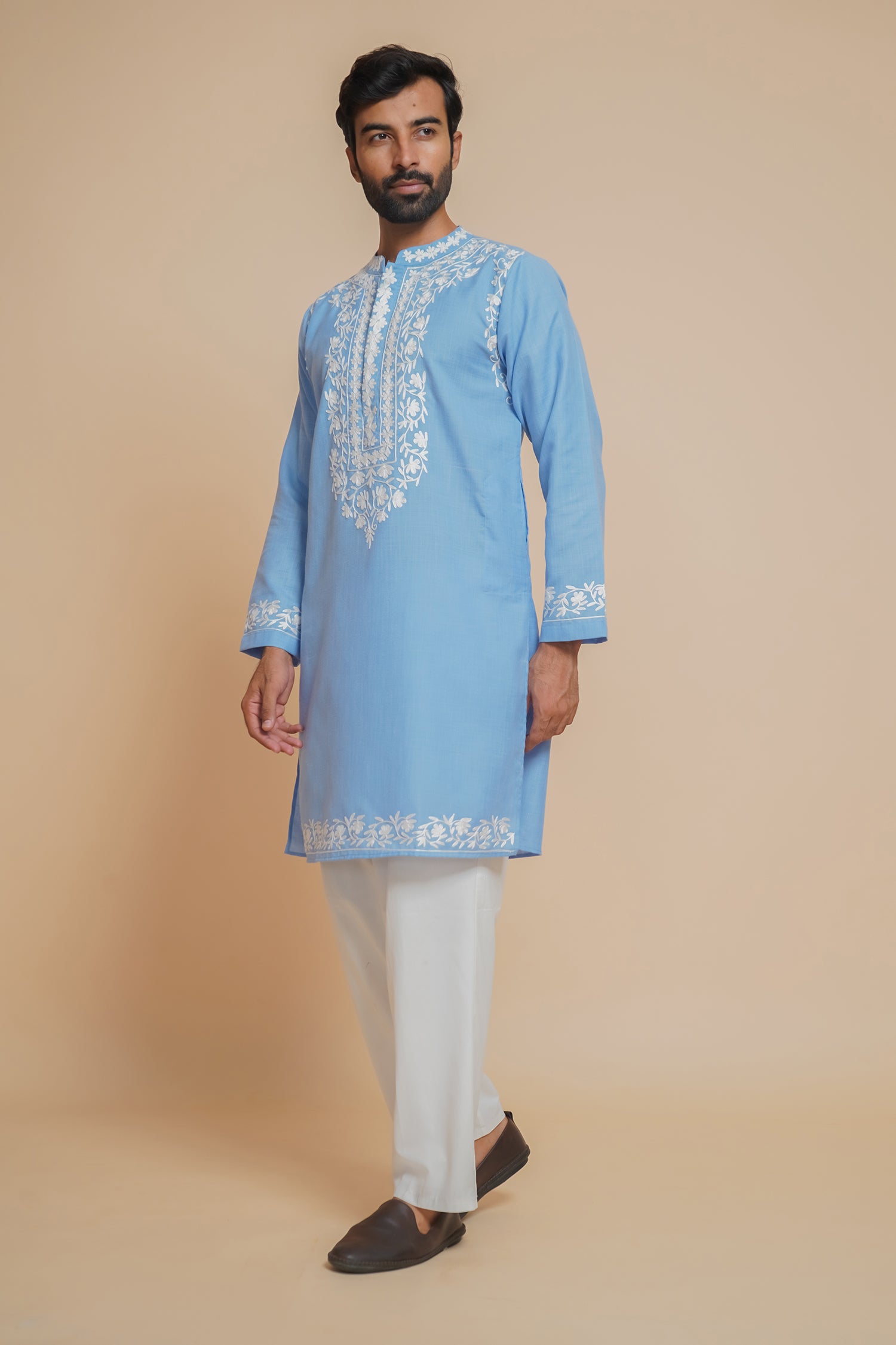 Cotton Arri Work Kurta for Men – Sky Blue