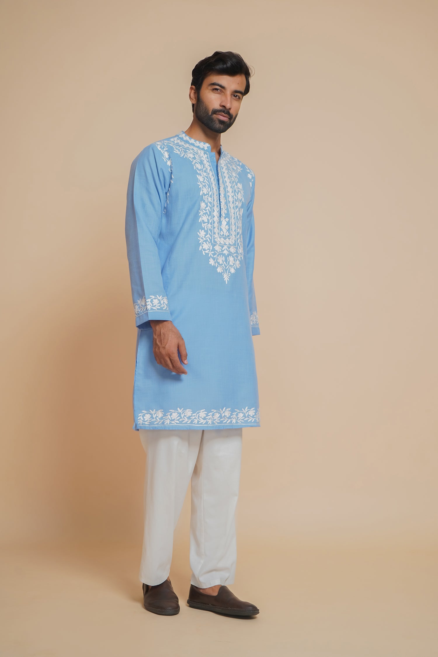 Cotton Arri Work Kurta for Men – Sky Blue