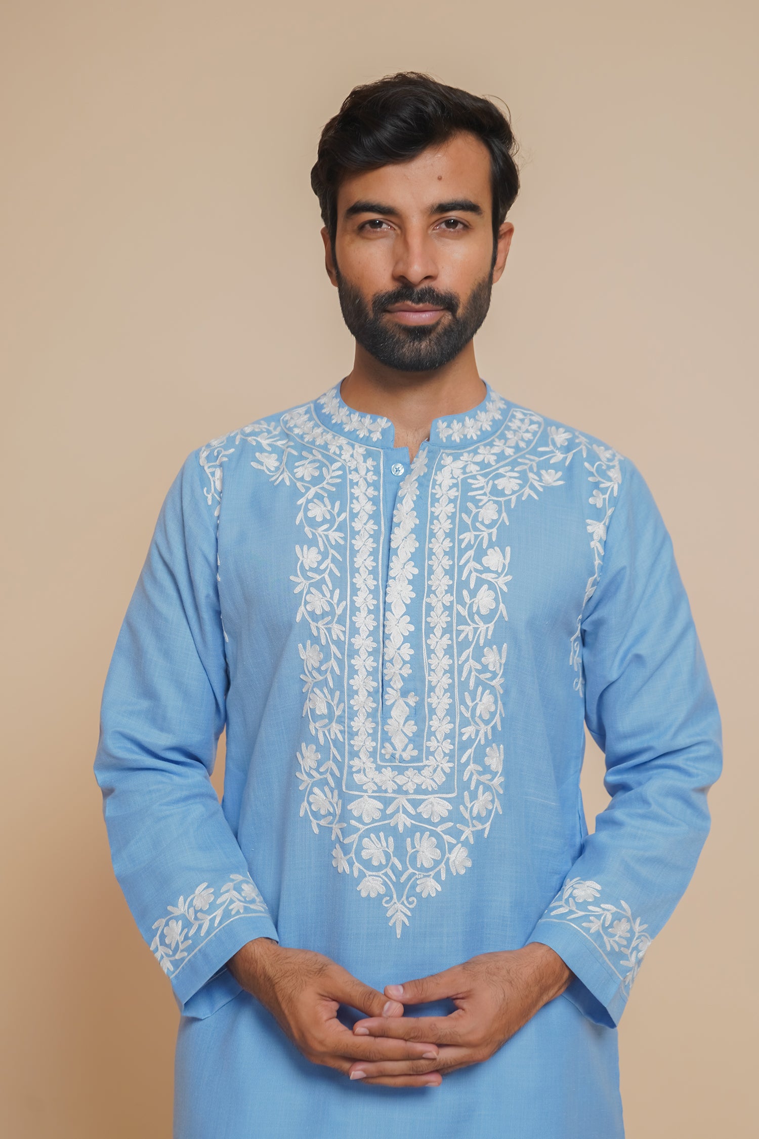 Cotton Arri Work Kurta for Men – Sky Blue
