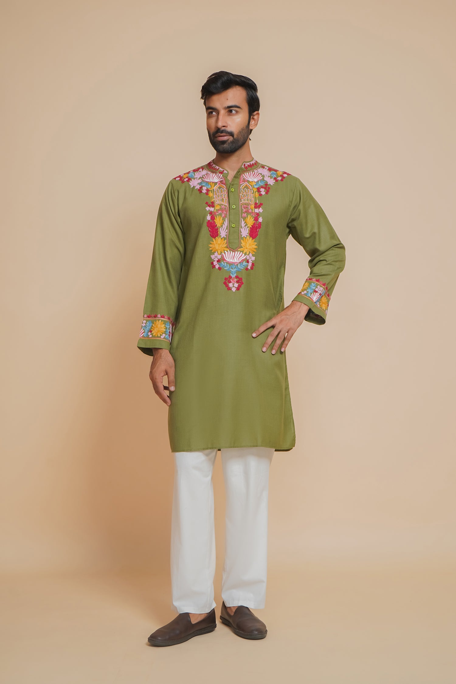 Cotton Arri Work Kurta for Men – Olive Green
