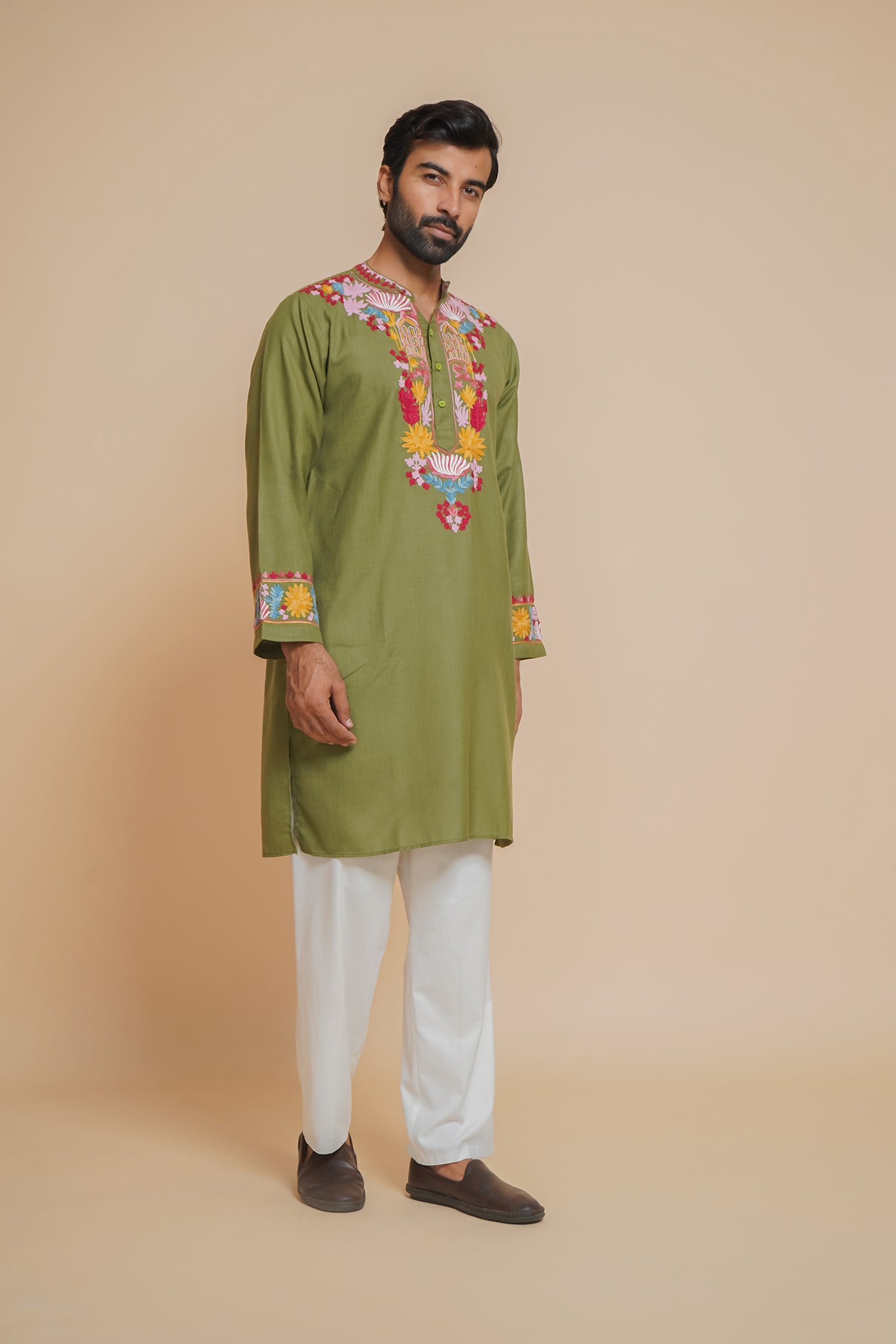 Cotton Arri Work Kurta for Men – Olive Green