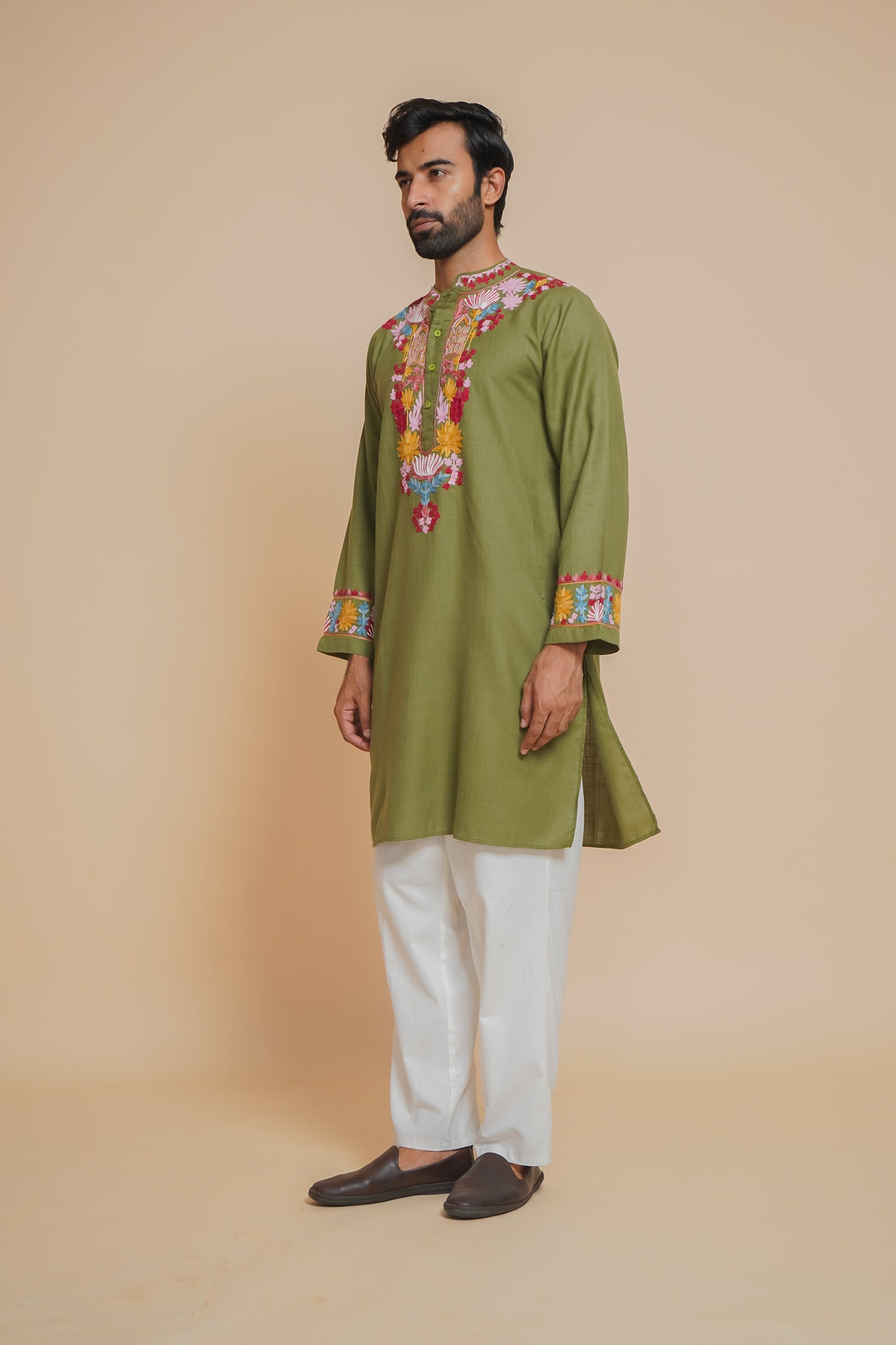 Cotton Arri Work Kurta for Men – Olive Green