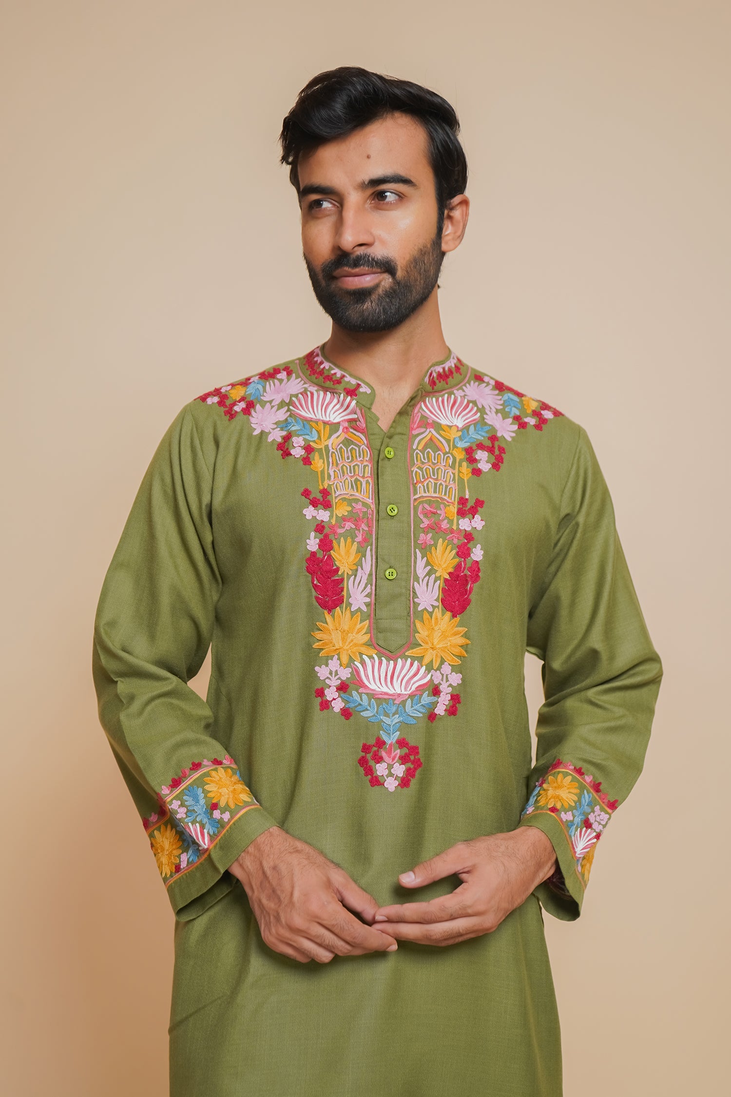 Cotton Arri Work Kurta for Men – Olive Green