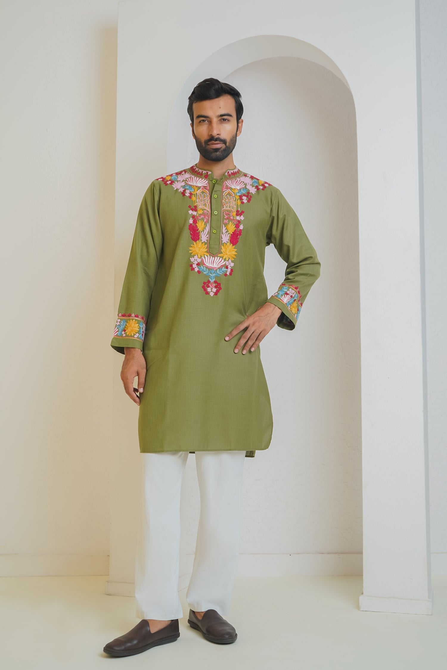 Cotton Arri Work Kurta for Men – Olive Green