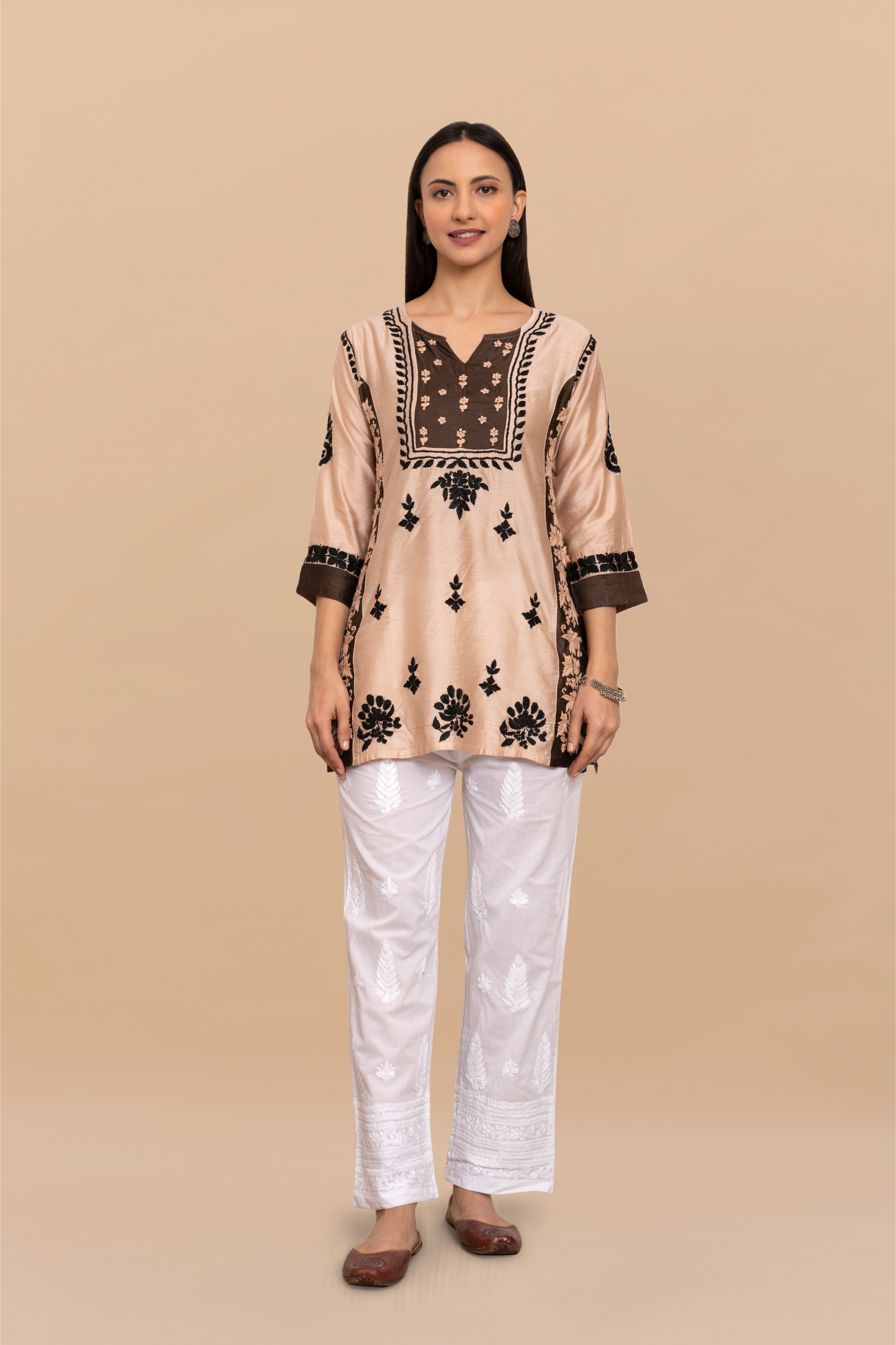 Saba Chikankari Short kurta in Chanderi Silk - Beige With Dark Brown
