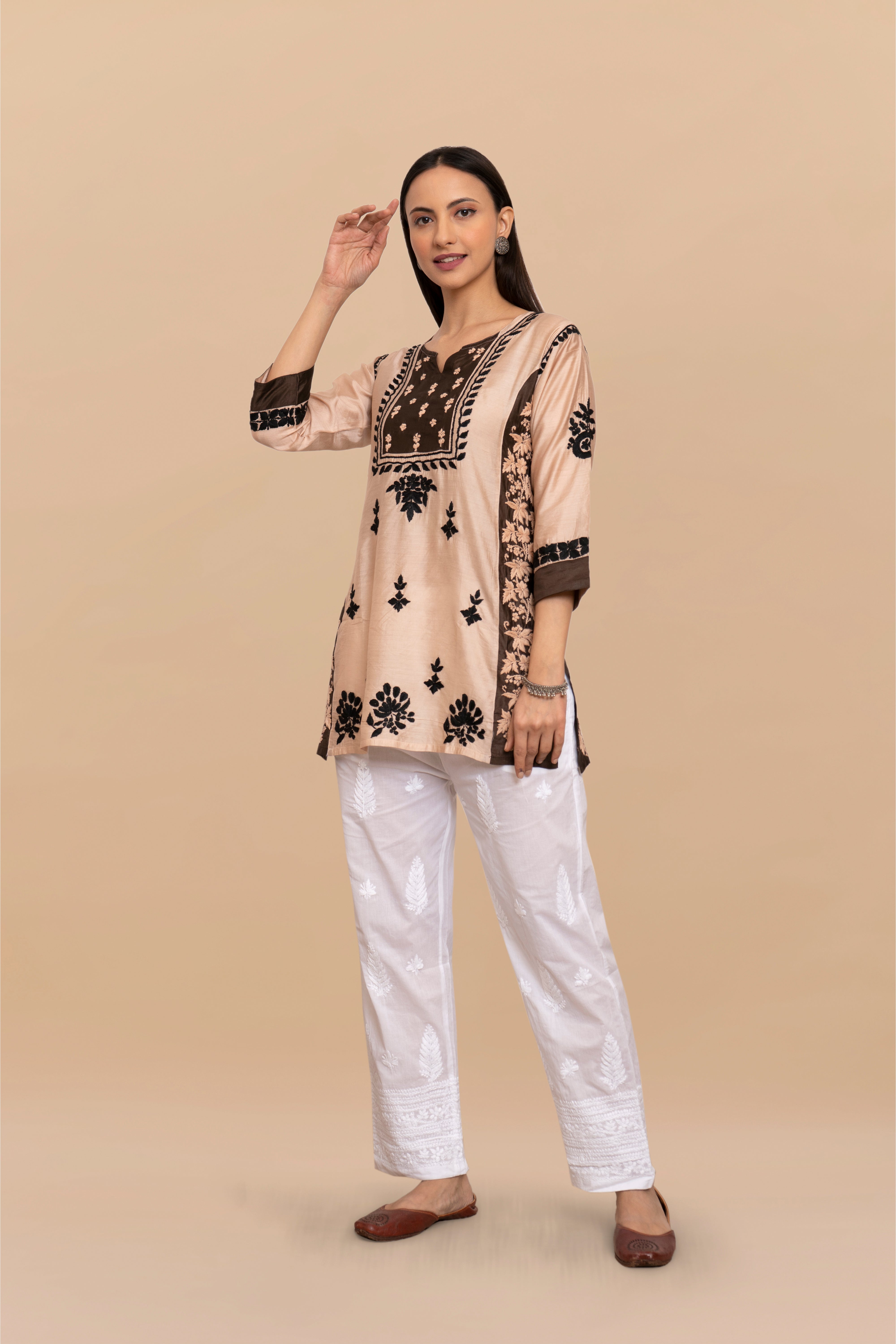Saba Chikankari Short kurta in Chanderi Silk - Beige With Dark Brown