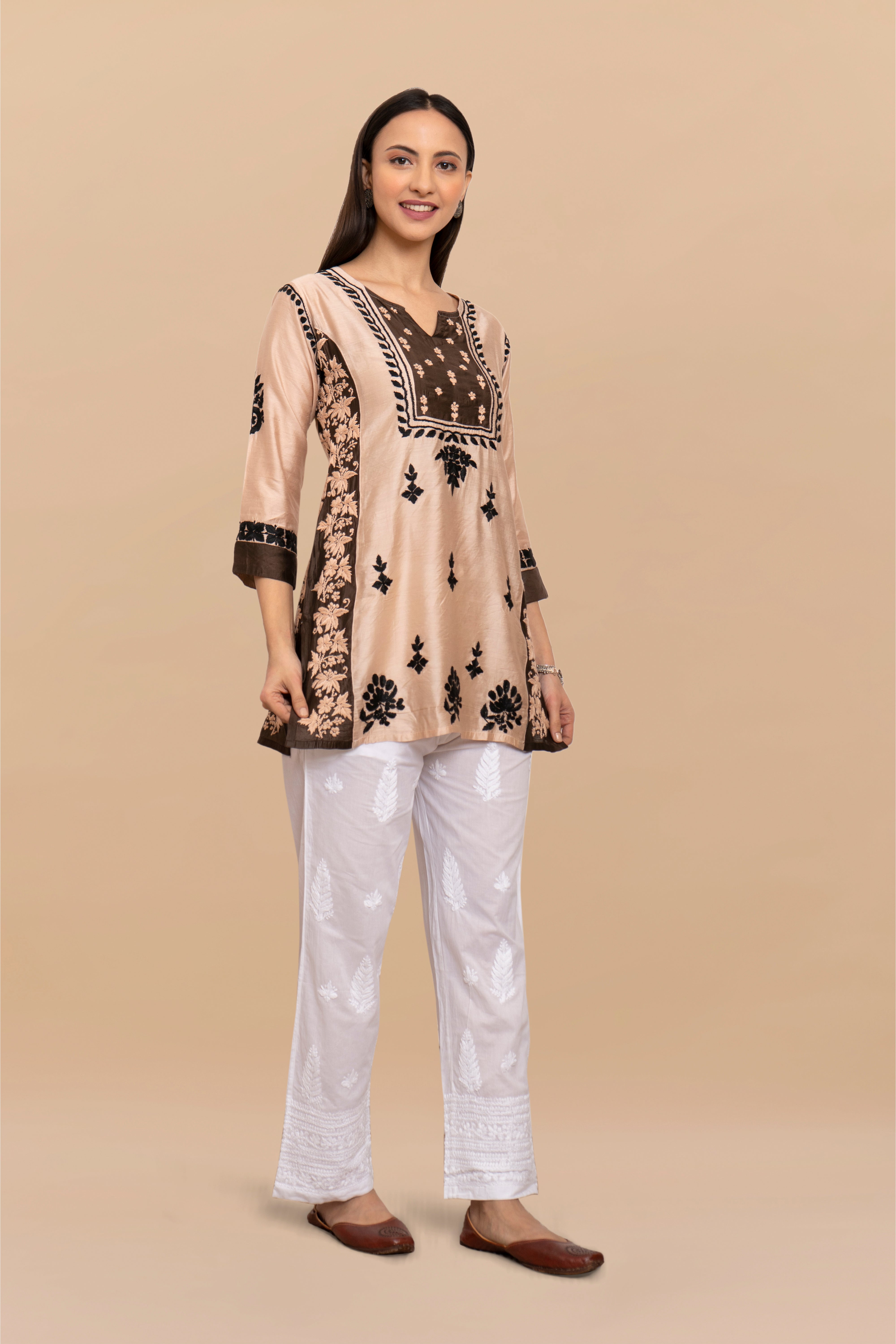 Saba Chikankari Short kurta in Chanderi Silk - Beige With Dark Brown