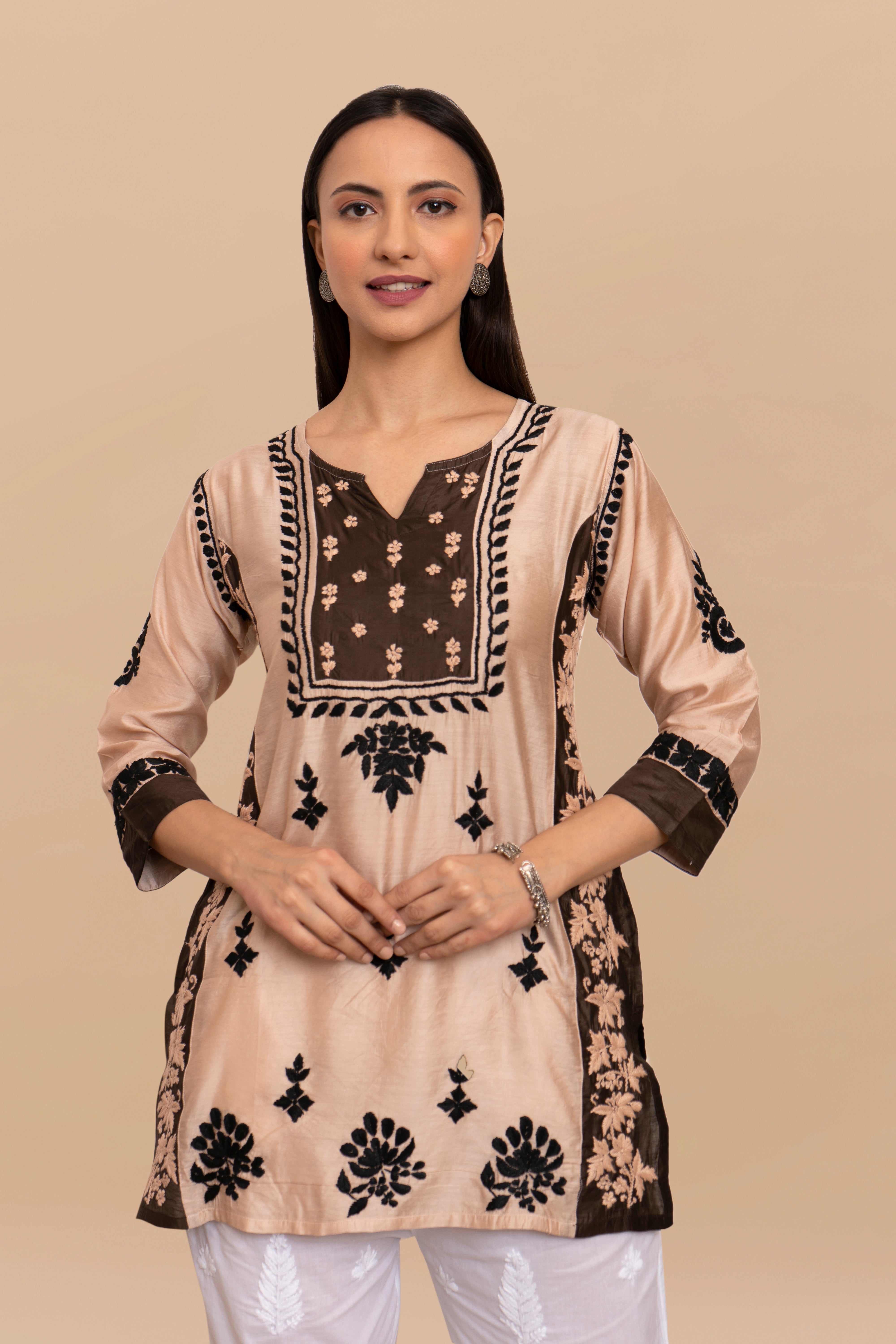 Saba Chikankari Short kurta in Chanderi Silk - Beige With Dark Brown