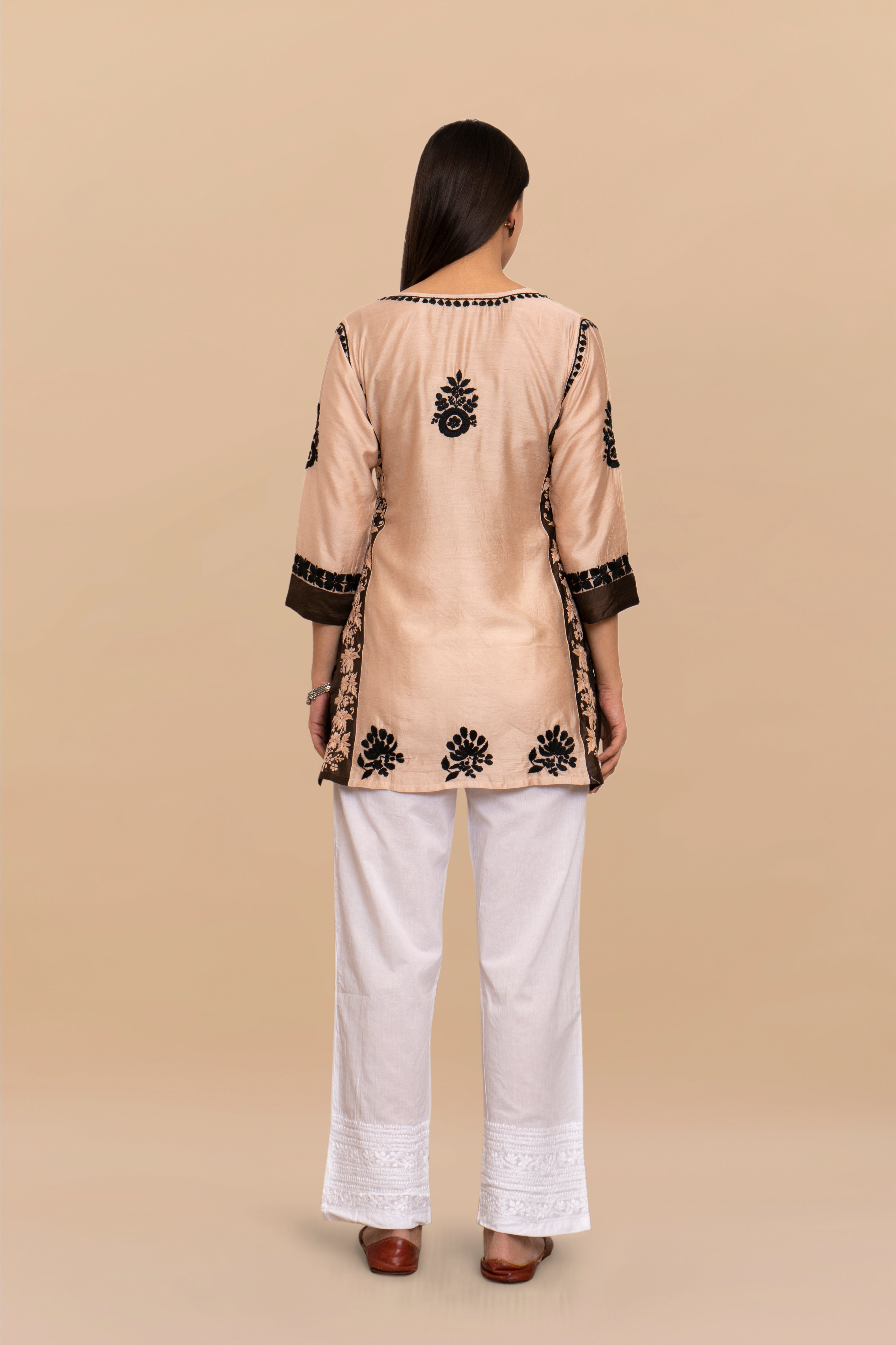 Saba Chikankari Short kurta in Chanderi Silk - Beige With Dark Brown