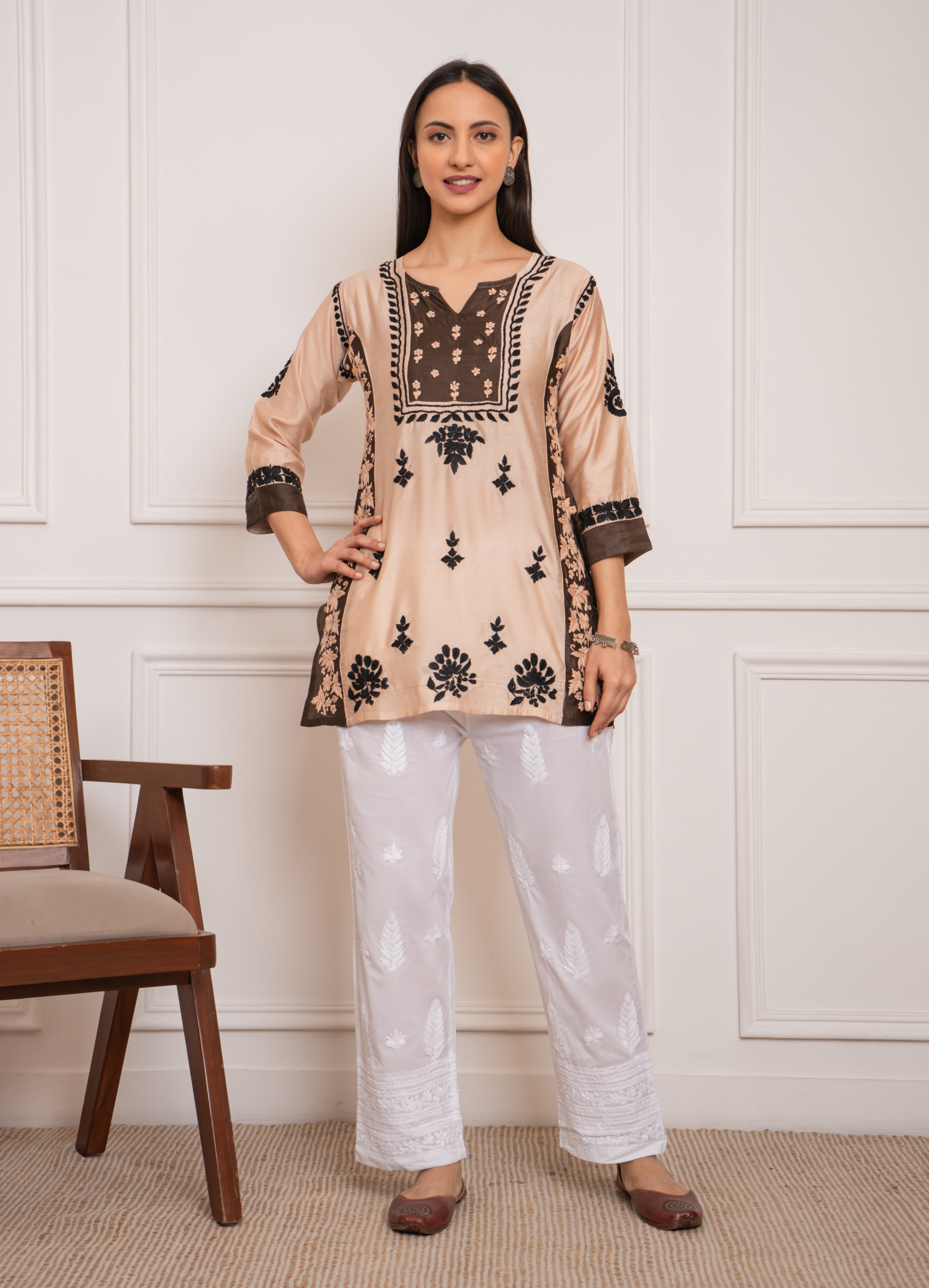 Saba Chikankari Short kurta in Chanderi Silk - Beige With Dark Brown