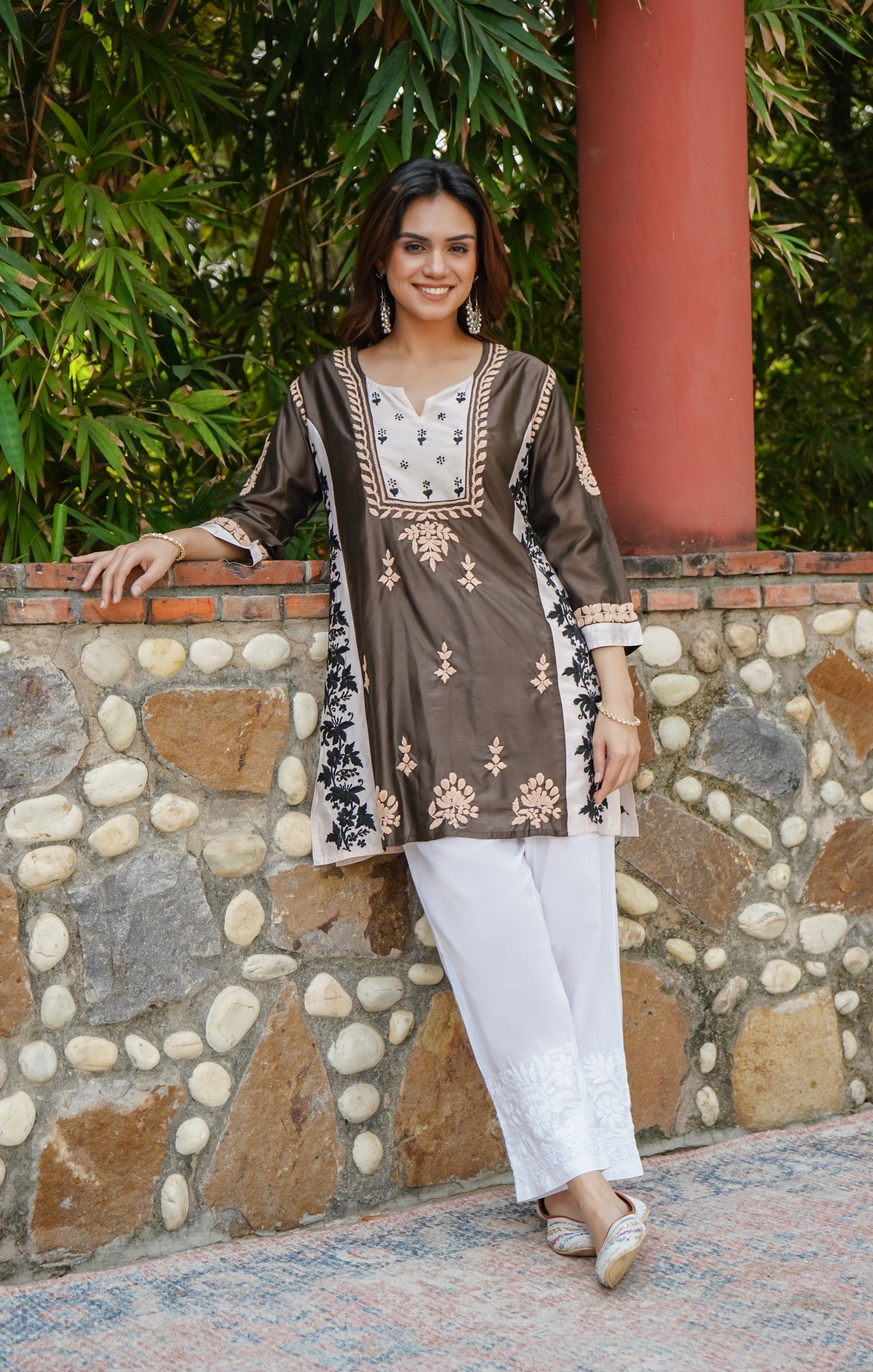 Saba Chikankari Short kurta in Chanderi Silk - Brown white