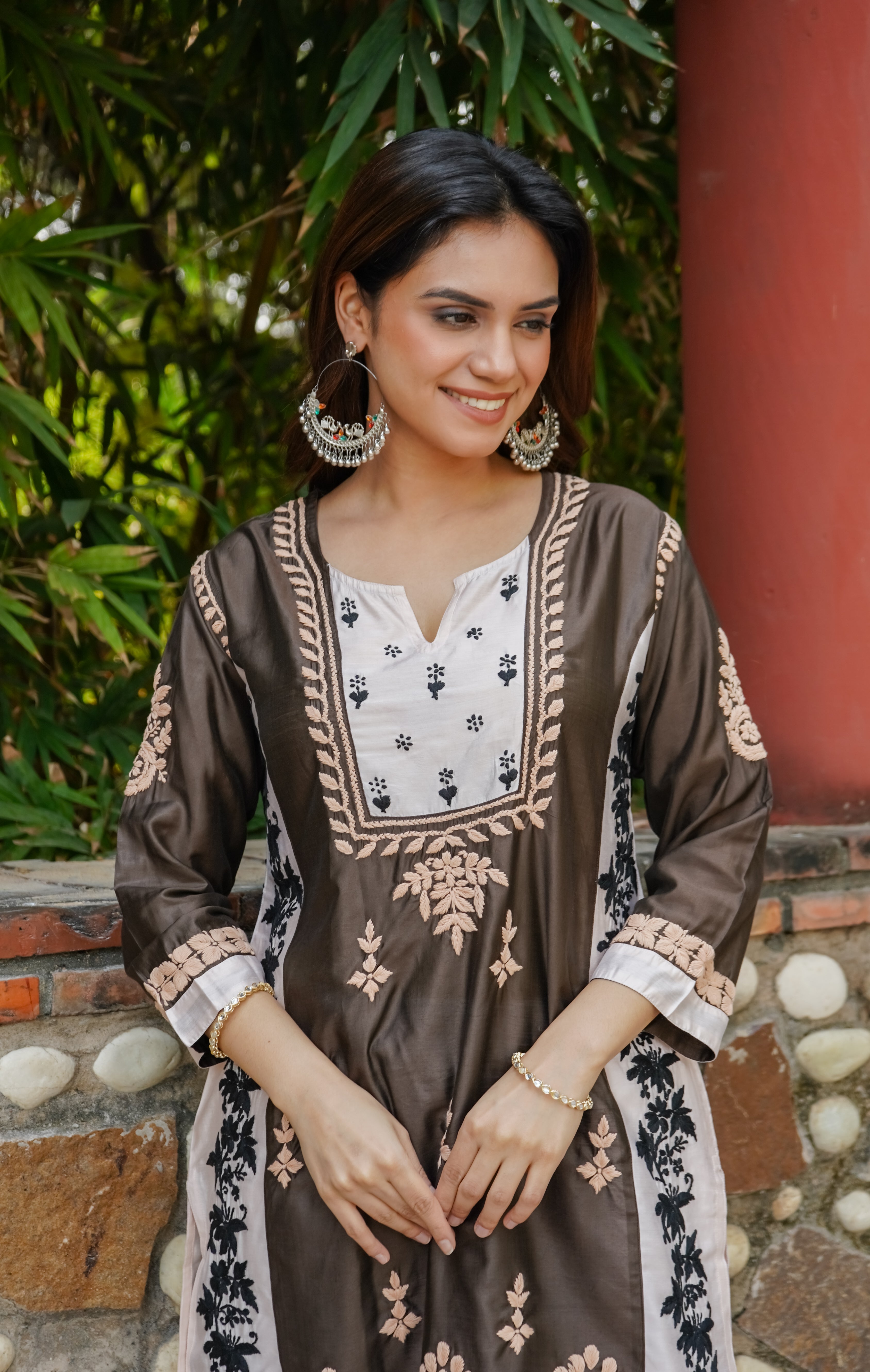 Saba Chikankari Short kurta in Chanderi Silk - Brown white
