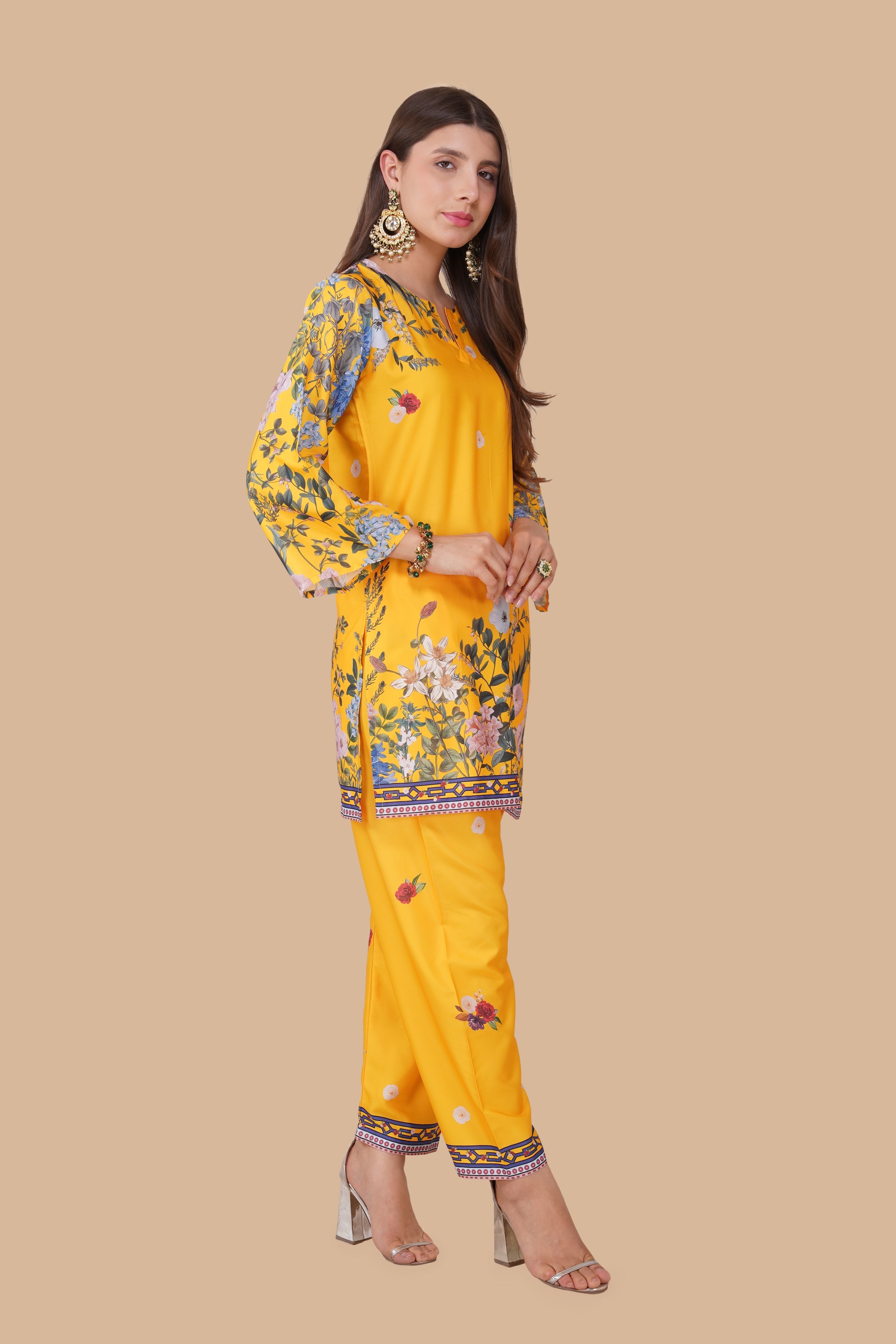 Nidhi in Printkari Poly Muslin Co-ord set in Yellow