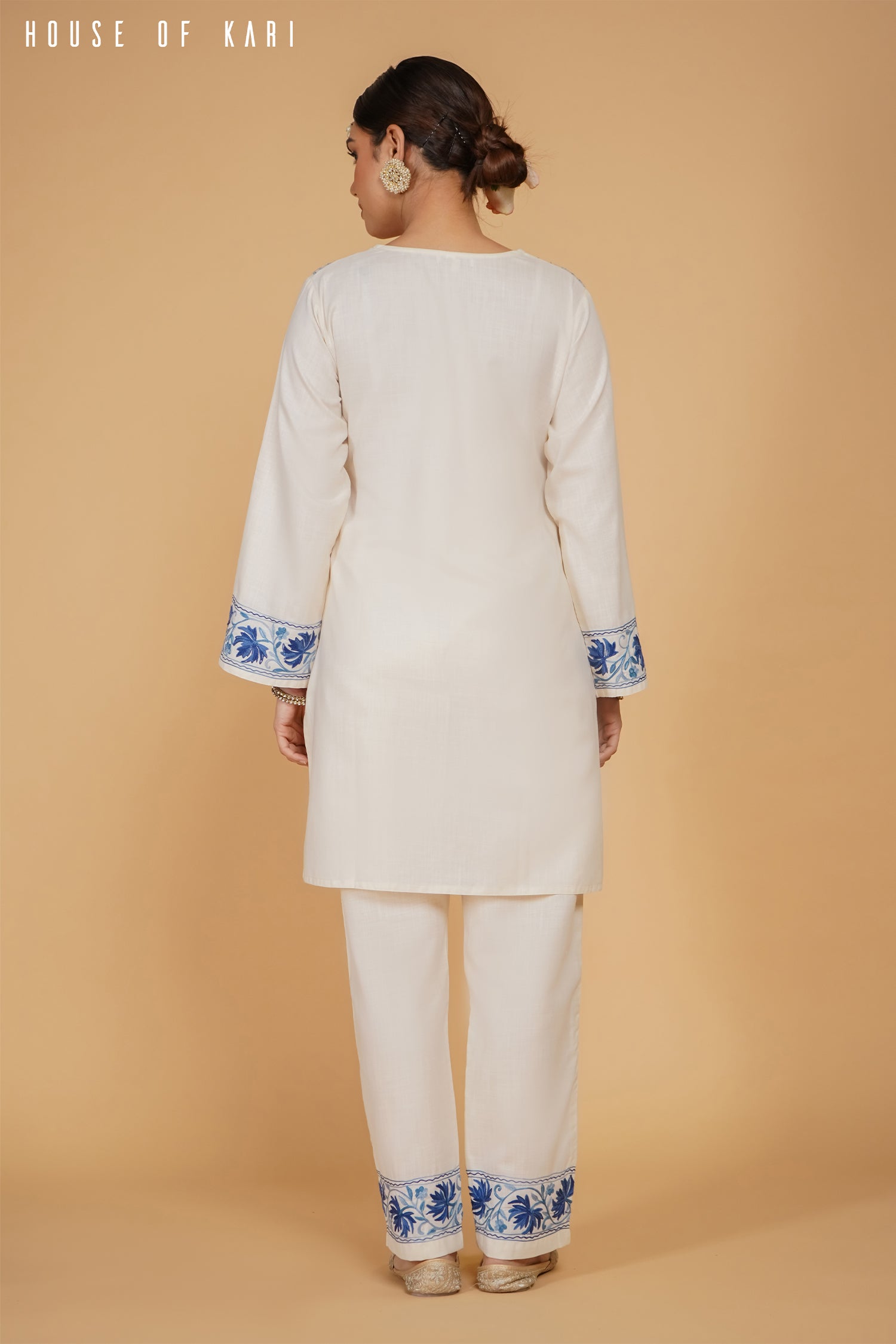 Kashmiri Aari Work Cotton Kurta Set - White With Blue