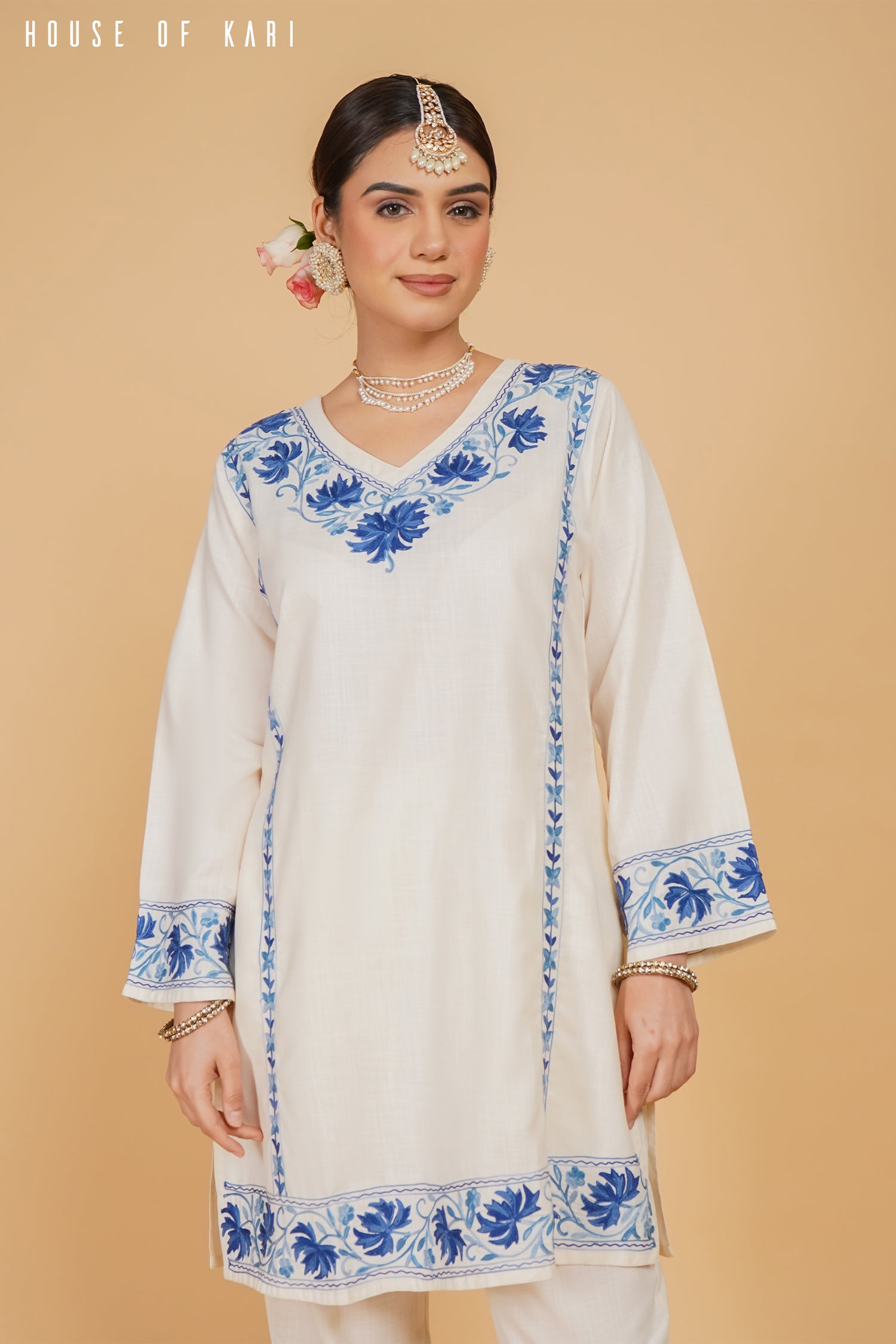 Kashmiri Aari Work Cotton Kurta Set - White With Blue