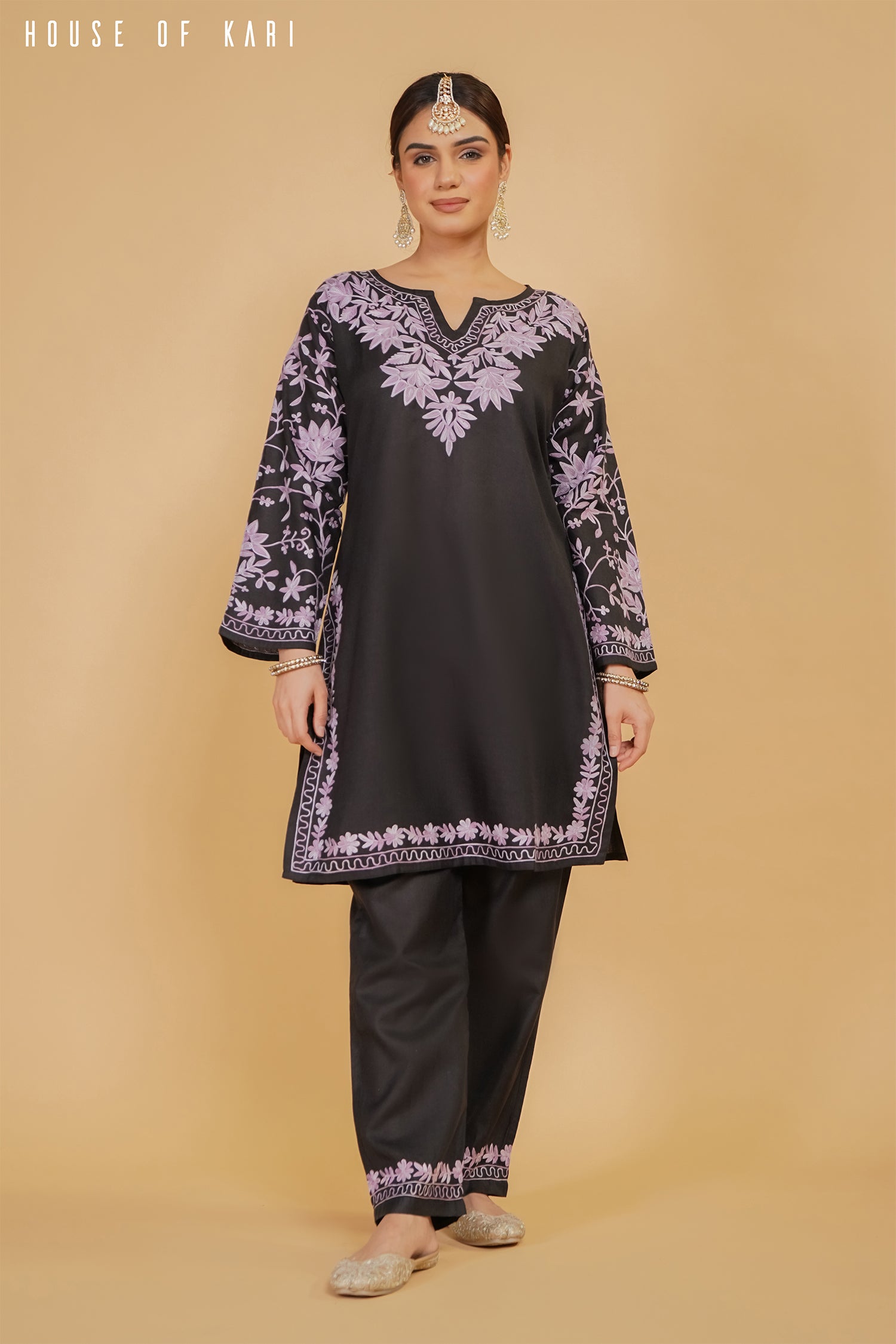 Kashmiri Aari Work Cotton Kurta Set - Black with Purple