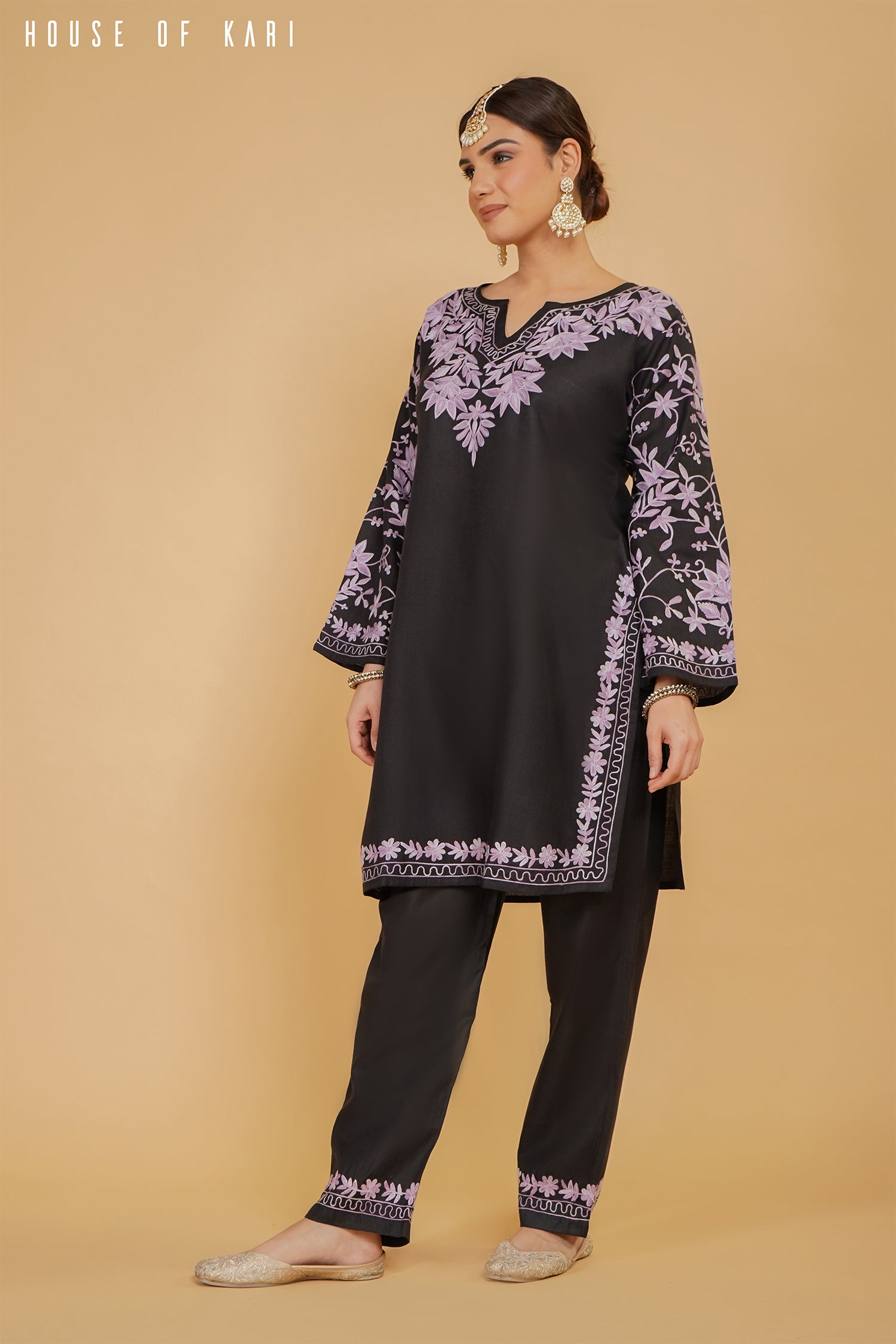 Kashmiri Aari Work Cotton Kurta Set - Black with Purple