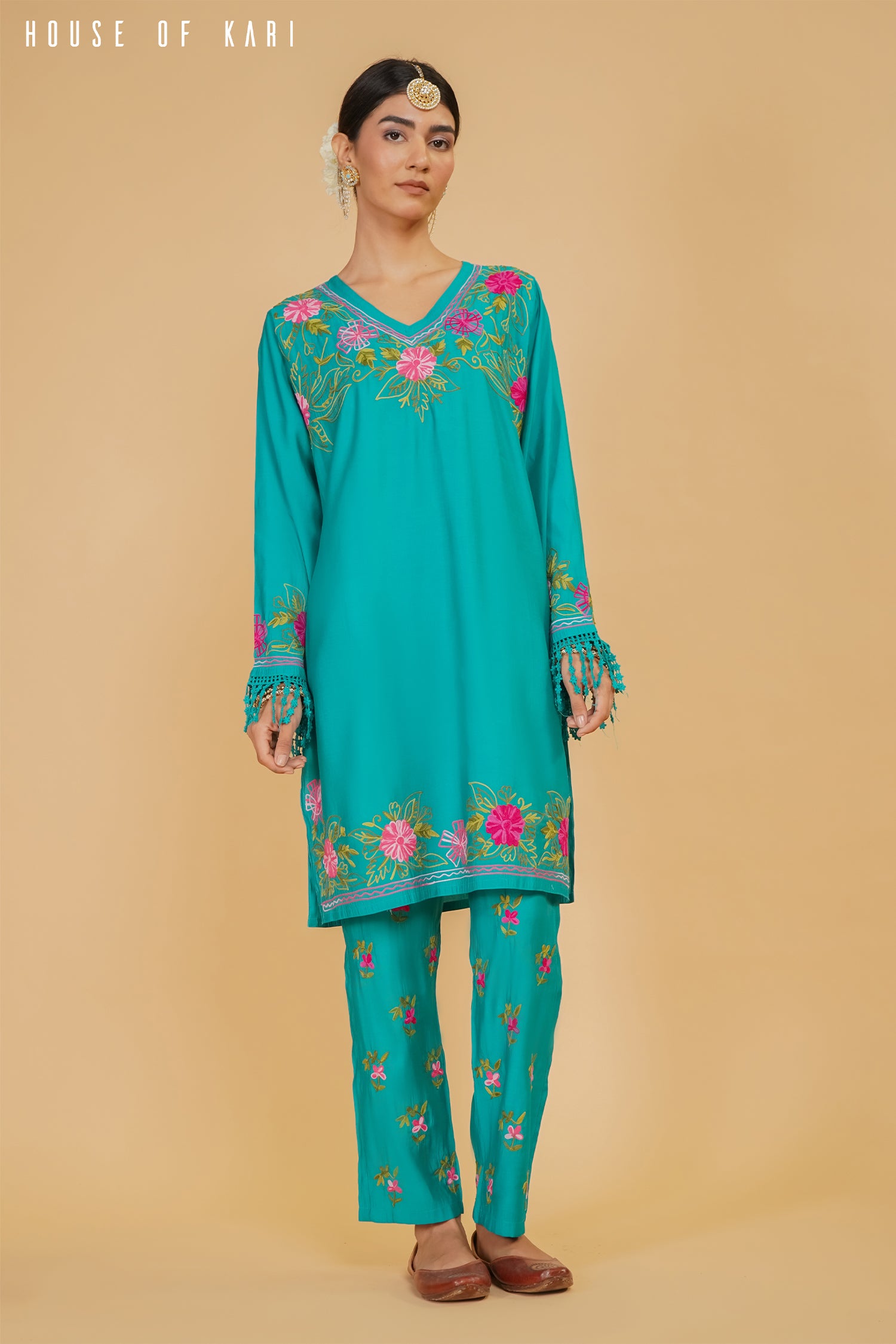 Kashmiri Aari Work Cotton Kurta Set - Tourquise Green