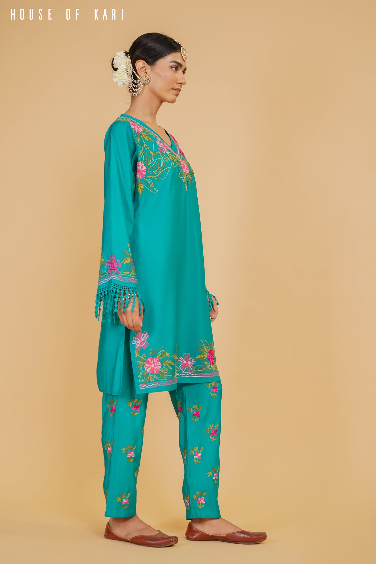 Kashmiri Aari Work Cotton Kurta Set - Tourquise Green