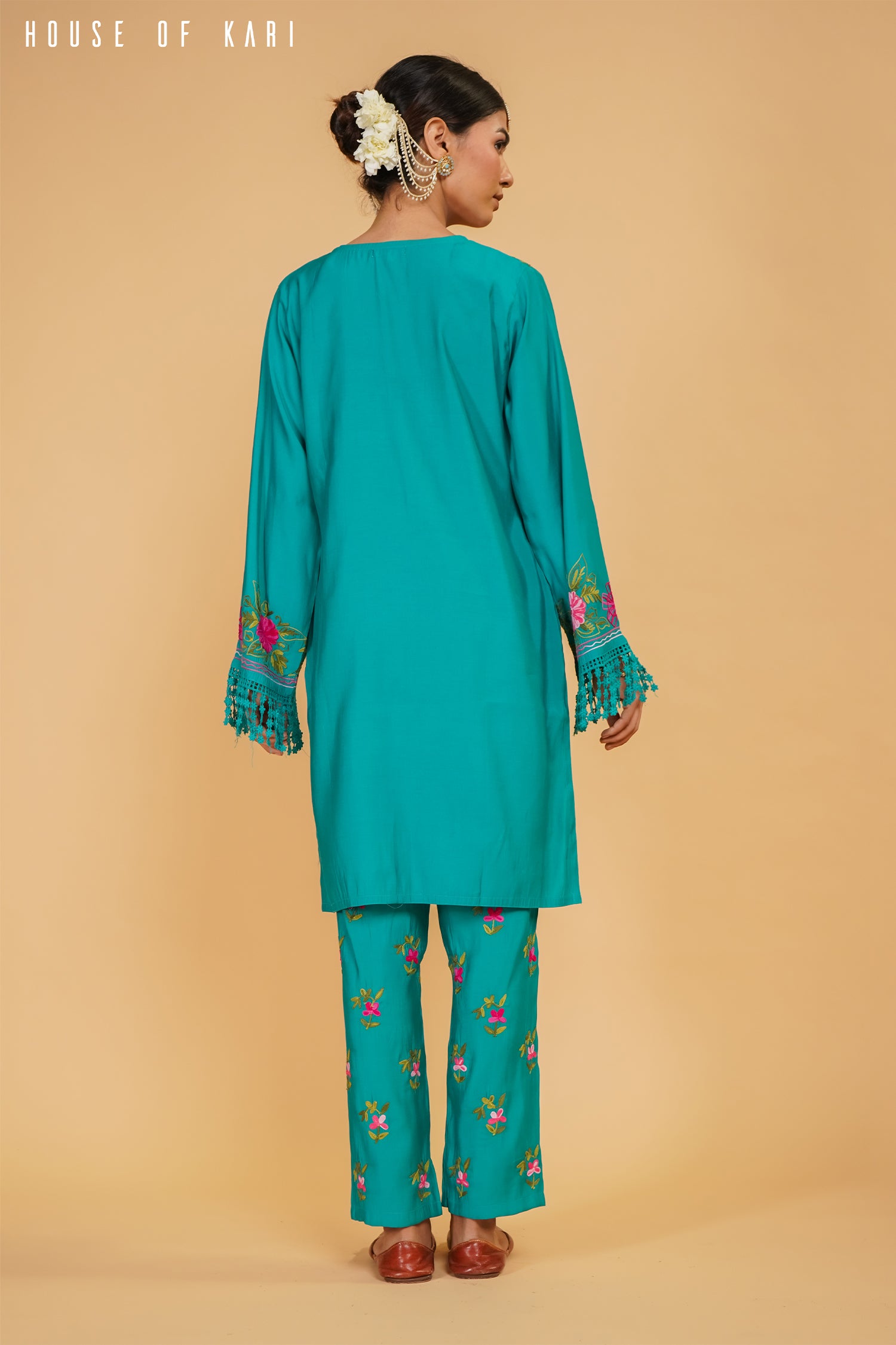 Kashmiri Aari Work Cotton Kurta Set - Tourquise Green