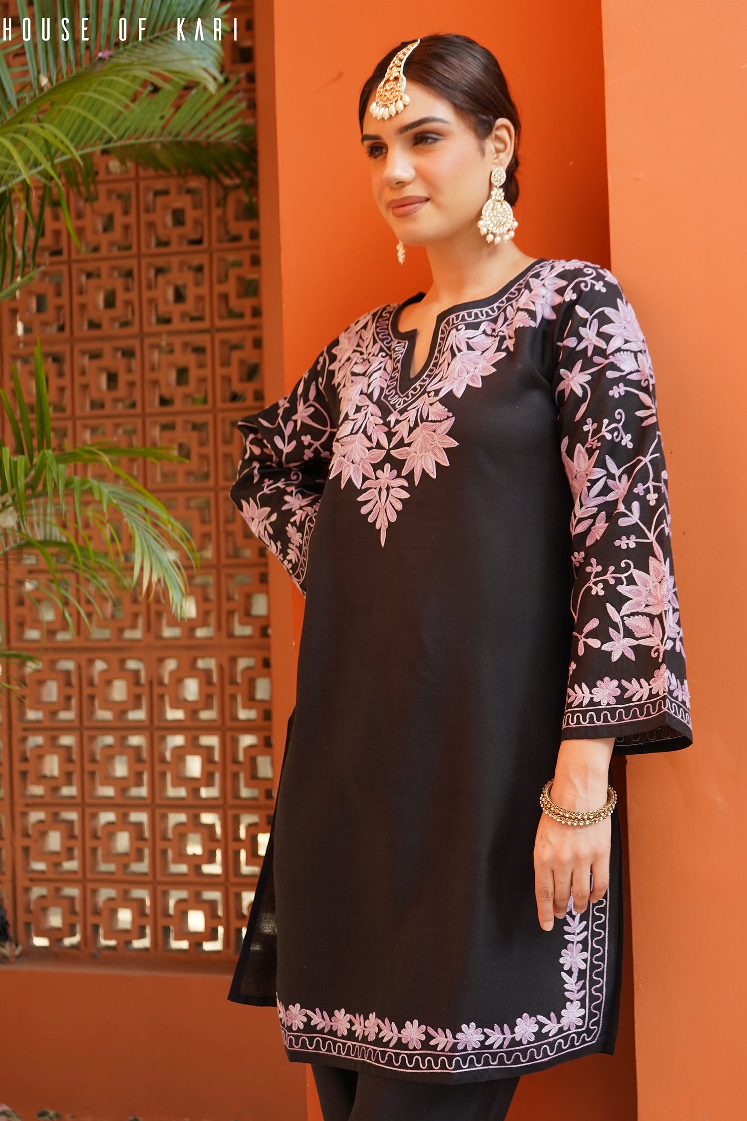 Kashmiri Aari Work Cotton Kurta Set - Black with Purple