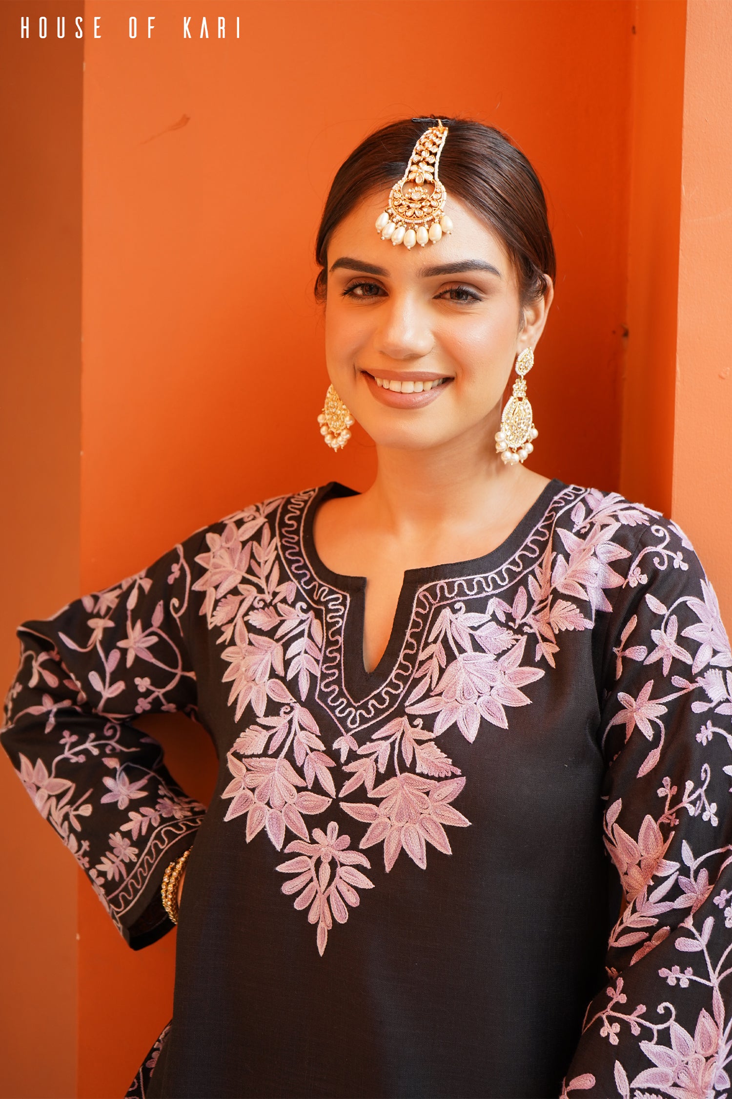 Kashmiri Aari Work Cotton Kurta Set - Black with Purple