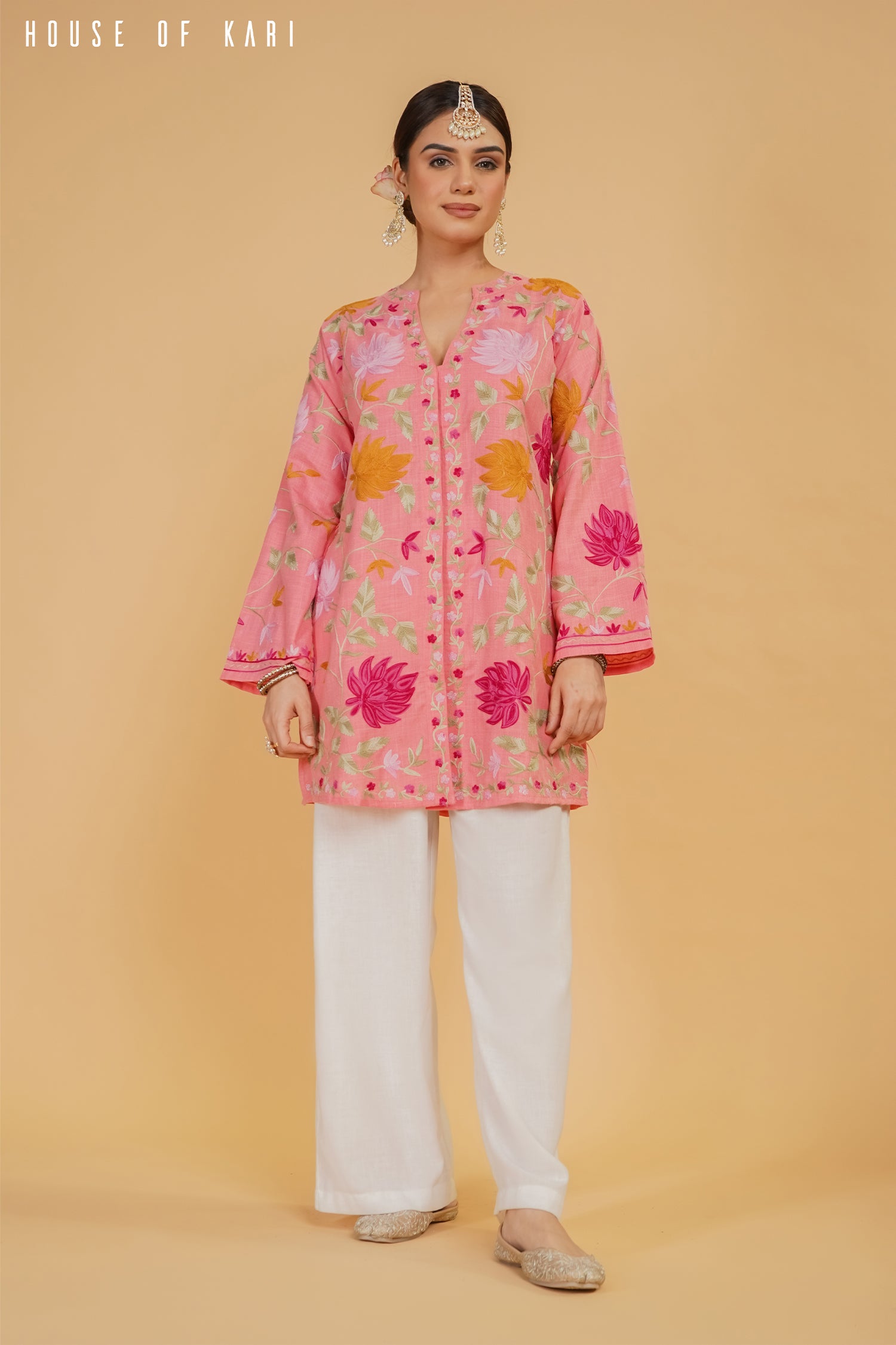 Kashmiri Aari Work Cotton Kurta Jacket – Pink