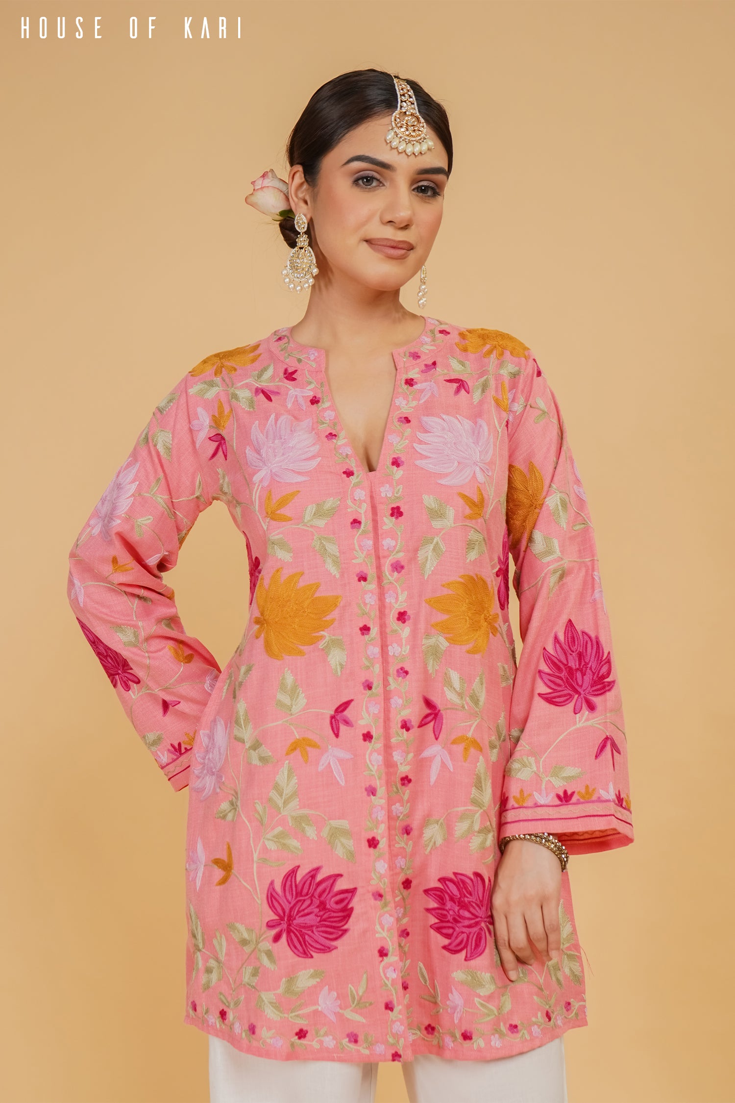 Kashmiri Aari Work Cotton Kurta Jacket – Pink