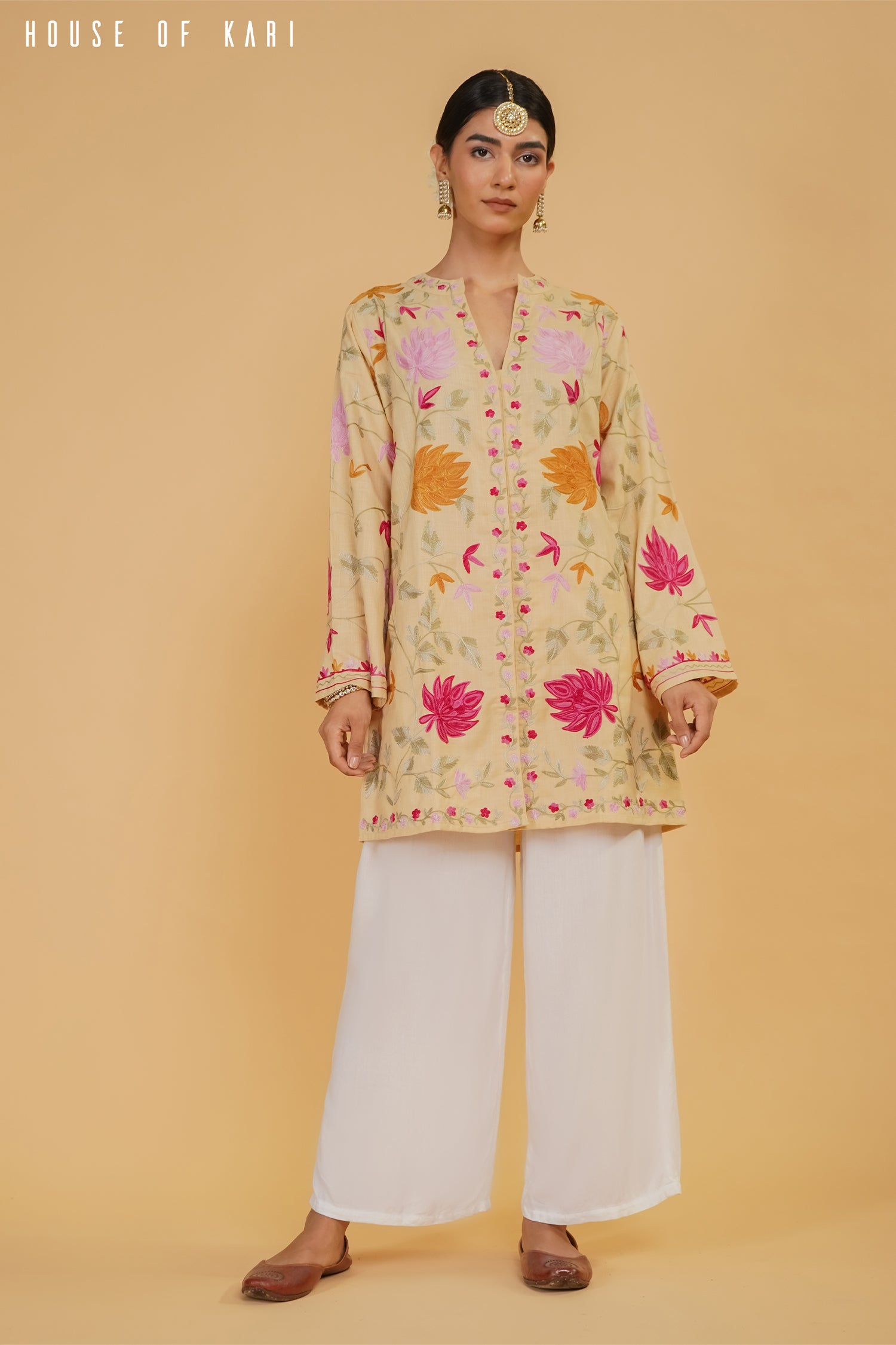 Kashmiri Aari Work Cotton Kurta Jacket – Beige