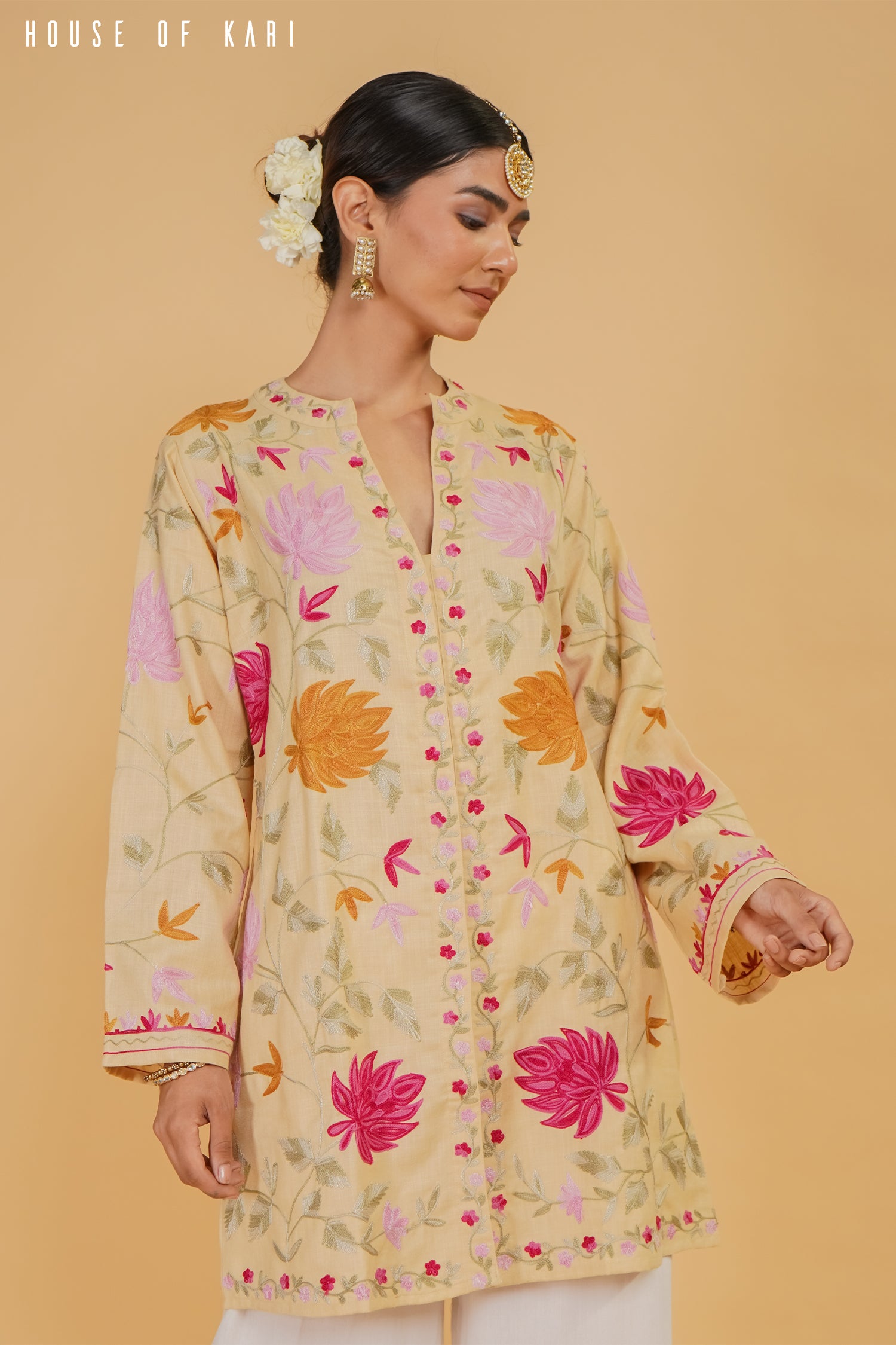 Kashmiri Aari Work Cotton Kurta Jacket – Beige