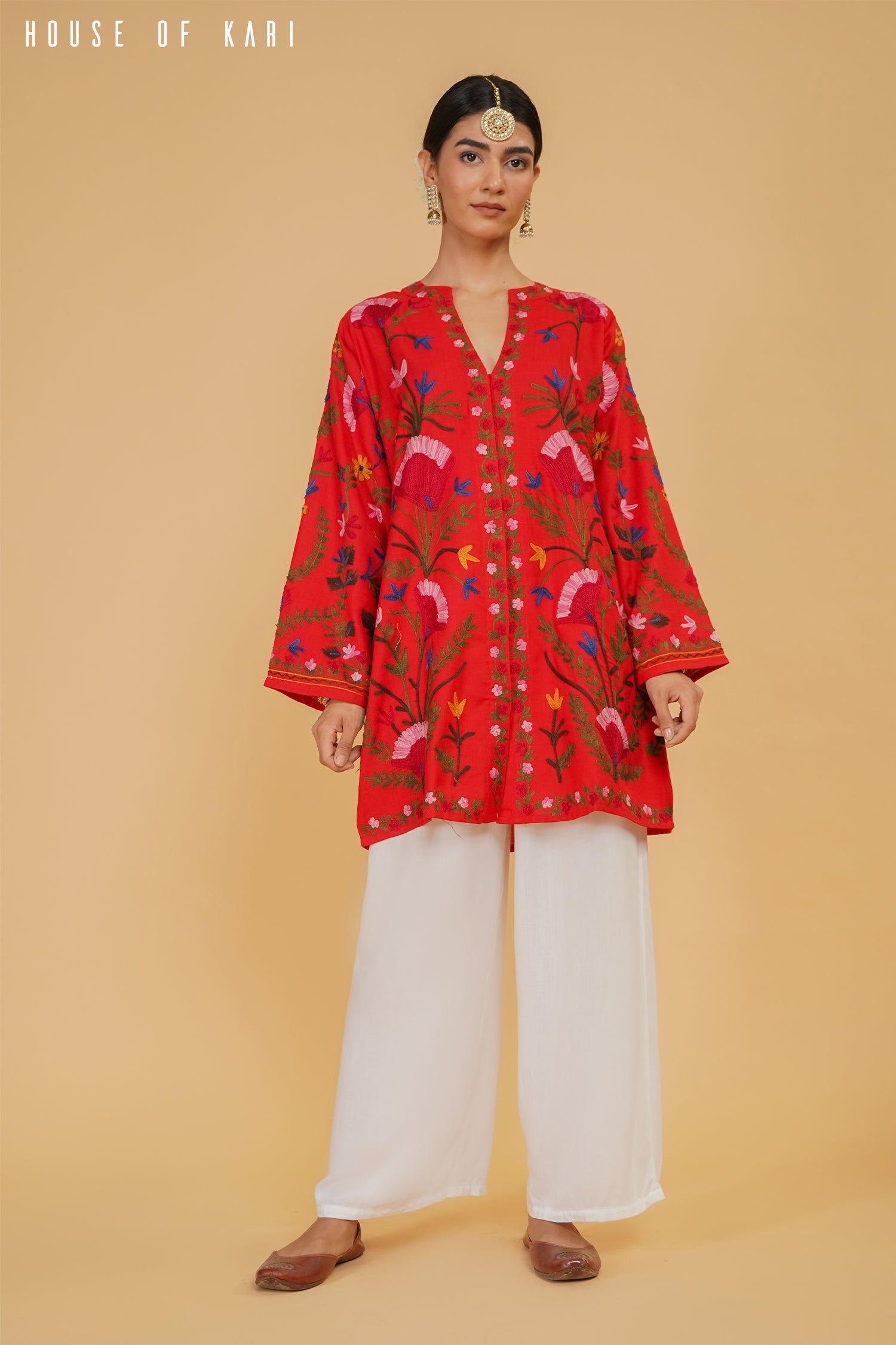 Kashmiri Aari Work Cotton Kurta Jacket – Red