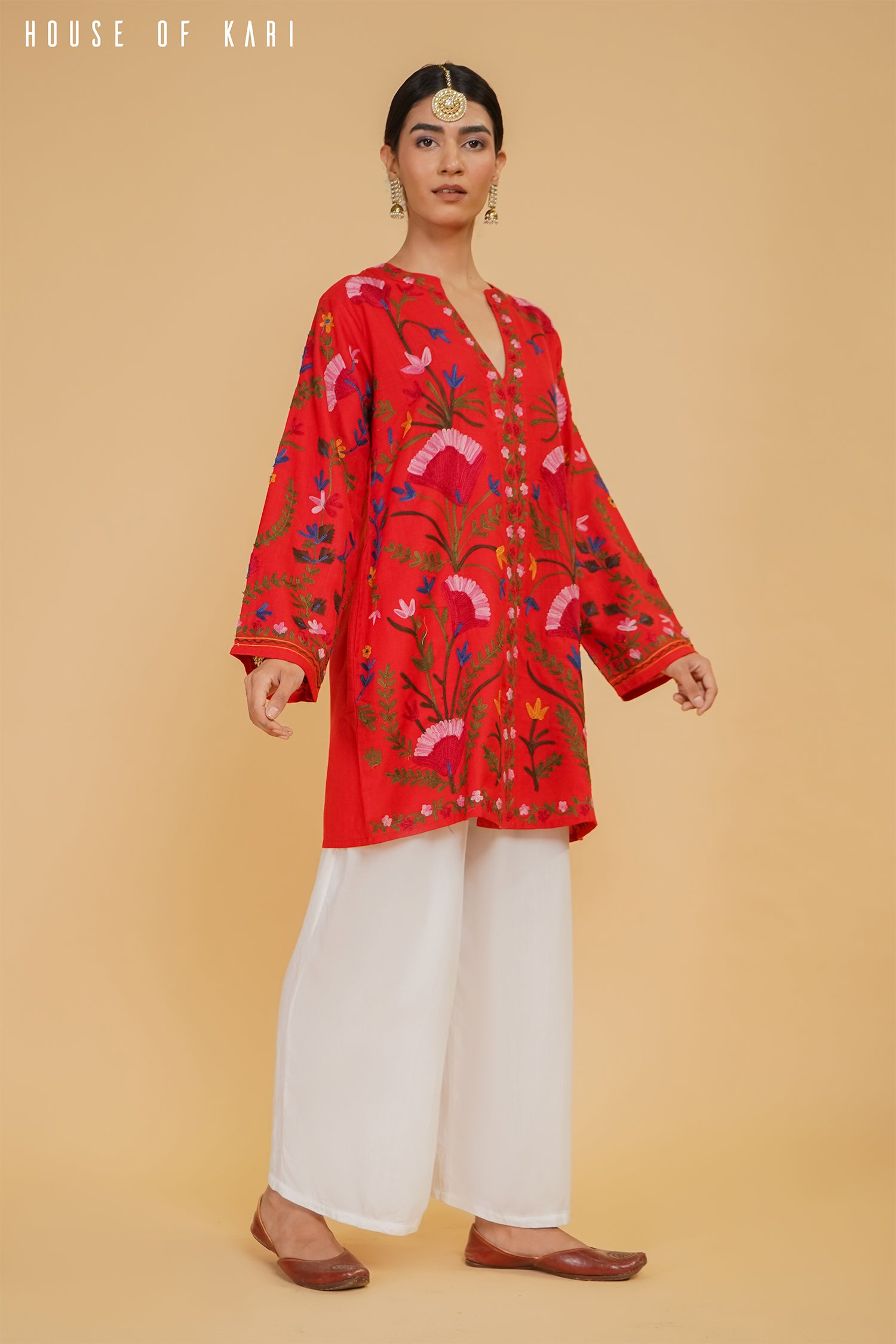 Kashmiri Aari Work Cotton Kurta Jacket – Red