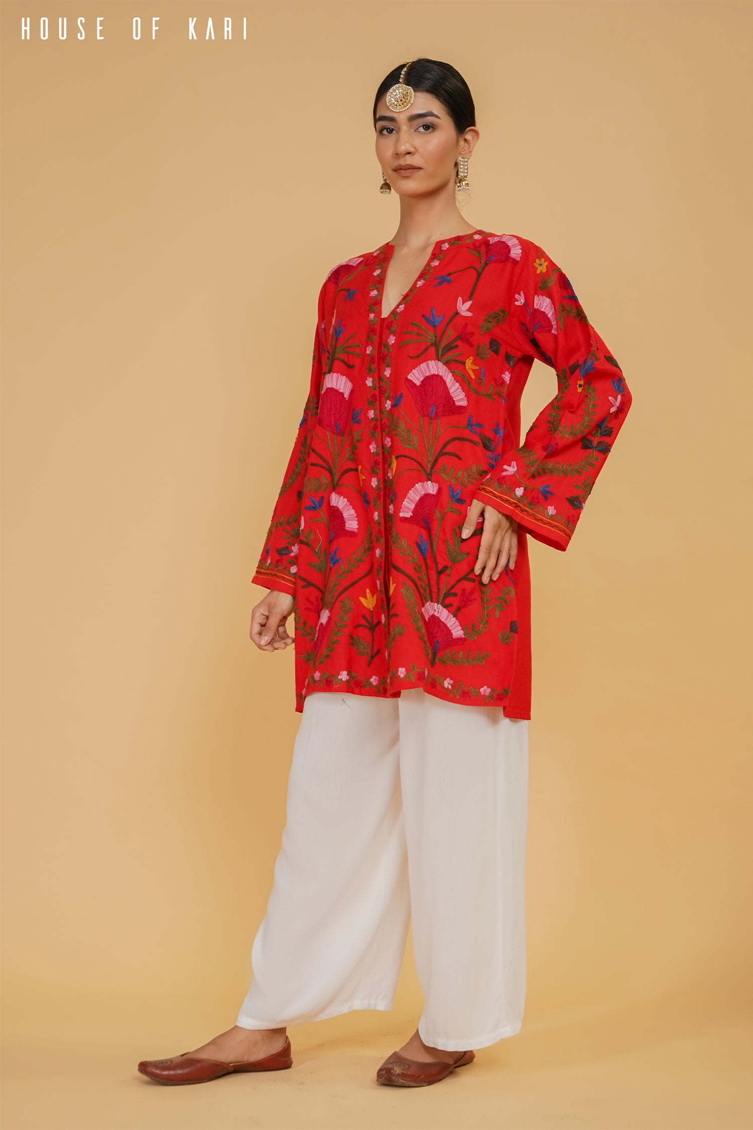 Kashmiri Aari Work Cotton Kurta Jacket – Red