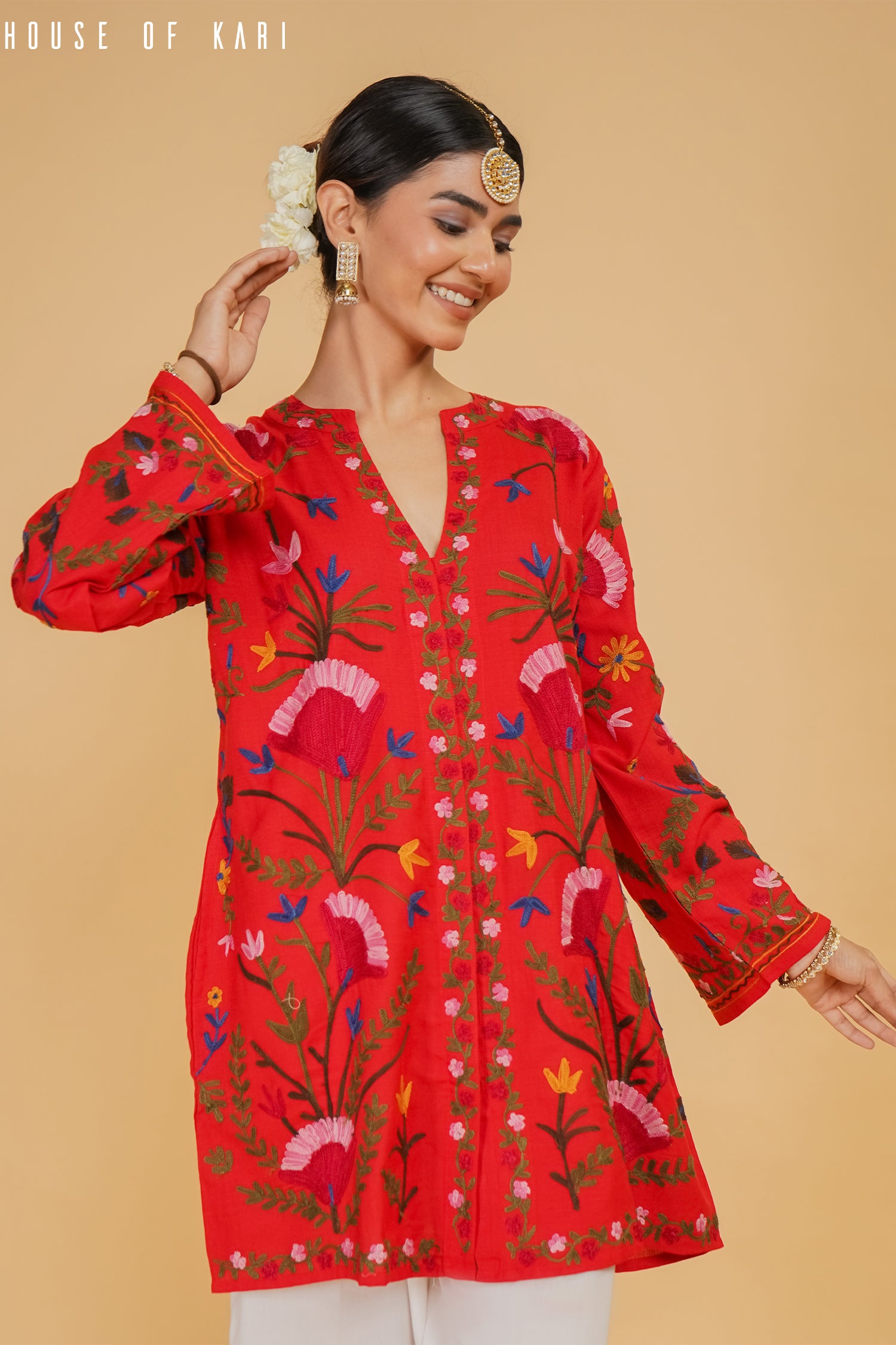 Kashmiri Aari Work Cotton Kurta Jacket – Red