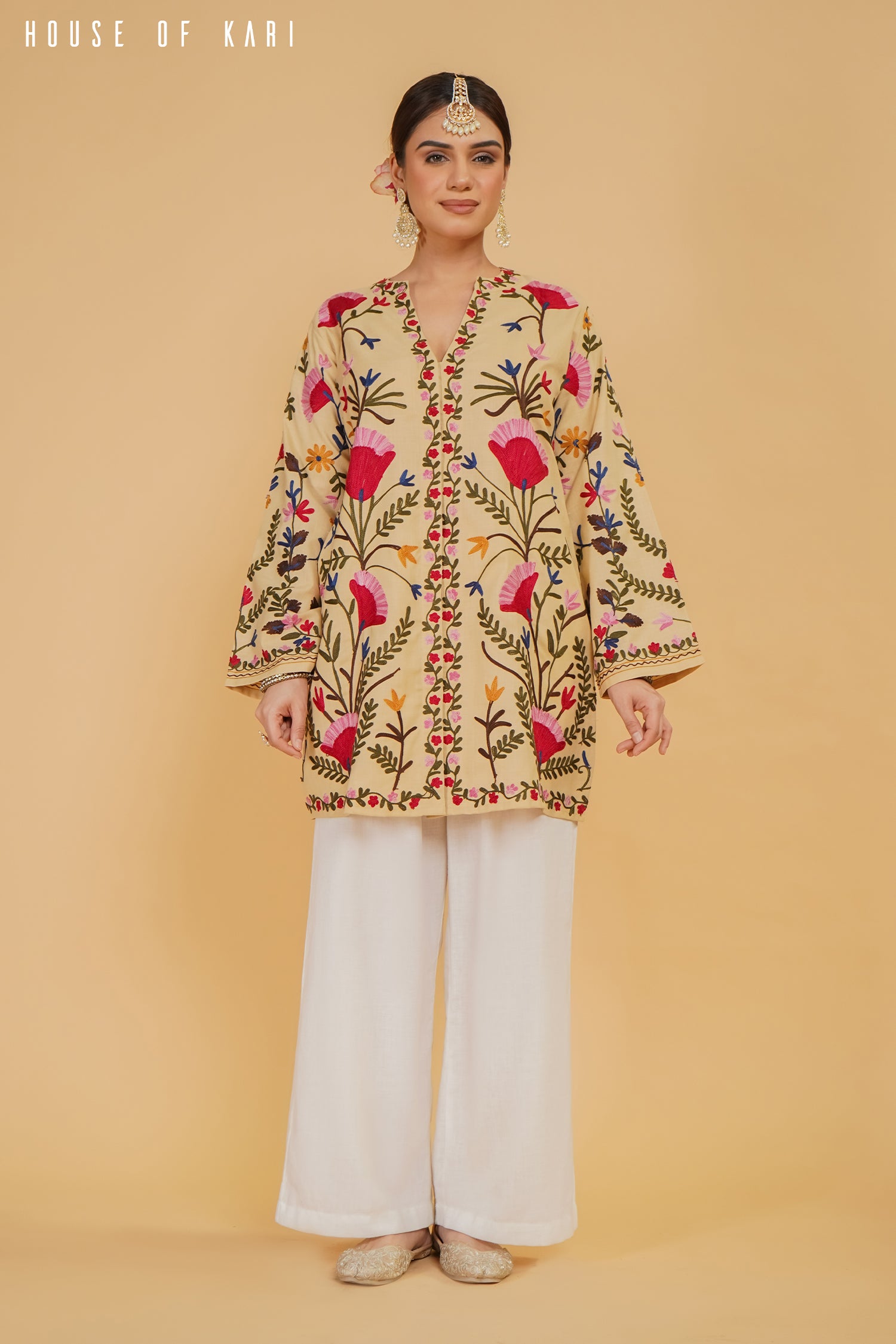 Kashmiri Aari Work Cotton Kurta Jacket – Beige