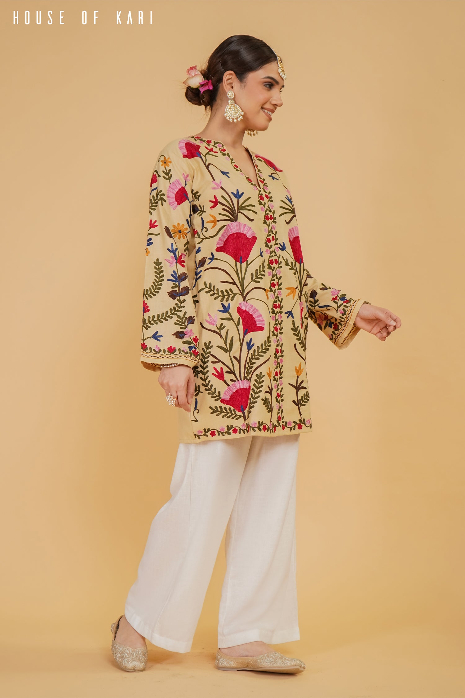 Kashmiri Aari Work Cotton Kurta Jacket – Beige