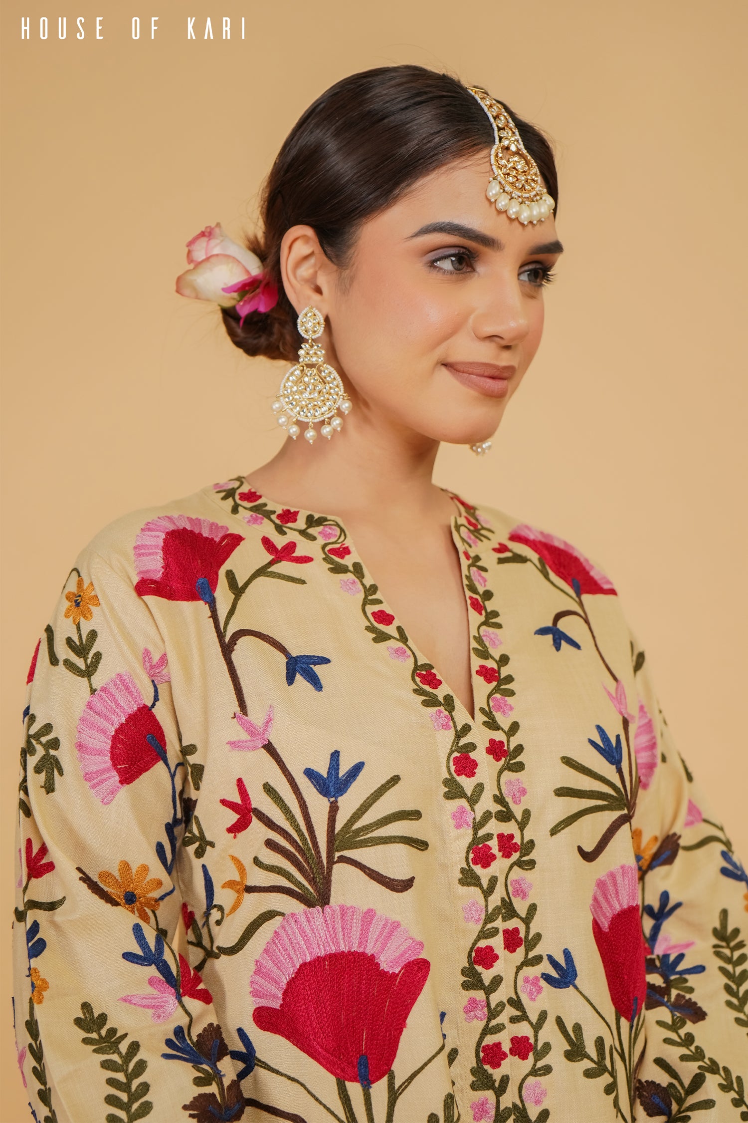 Kashmiri Aari Work Cotton Kurta Jacket – Beige