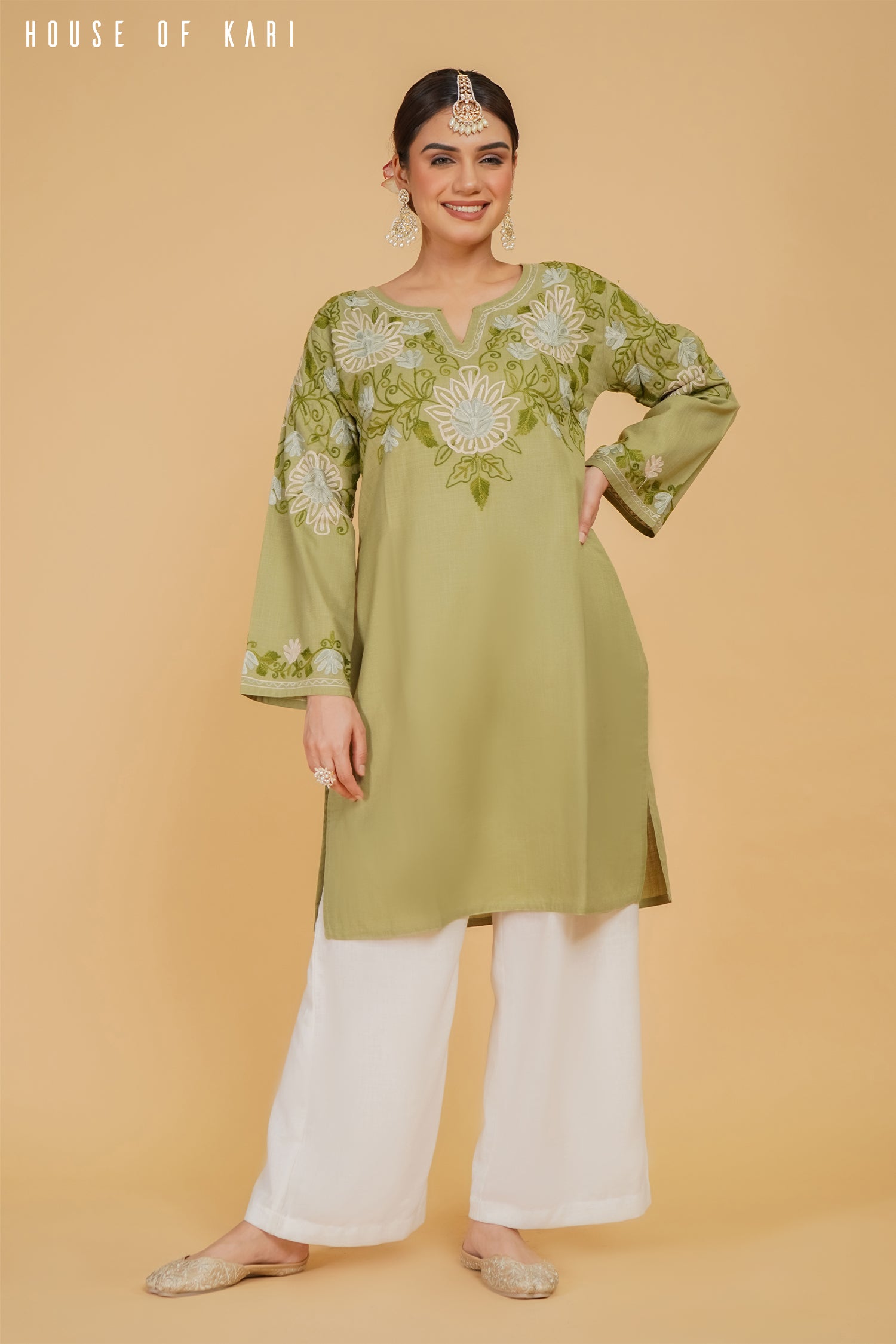 Mauli in Kashmiri Aari Work Cotton Medium Kurta – Bottle Green