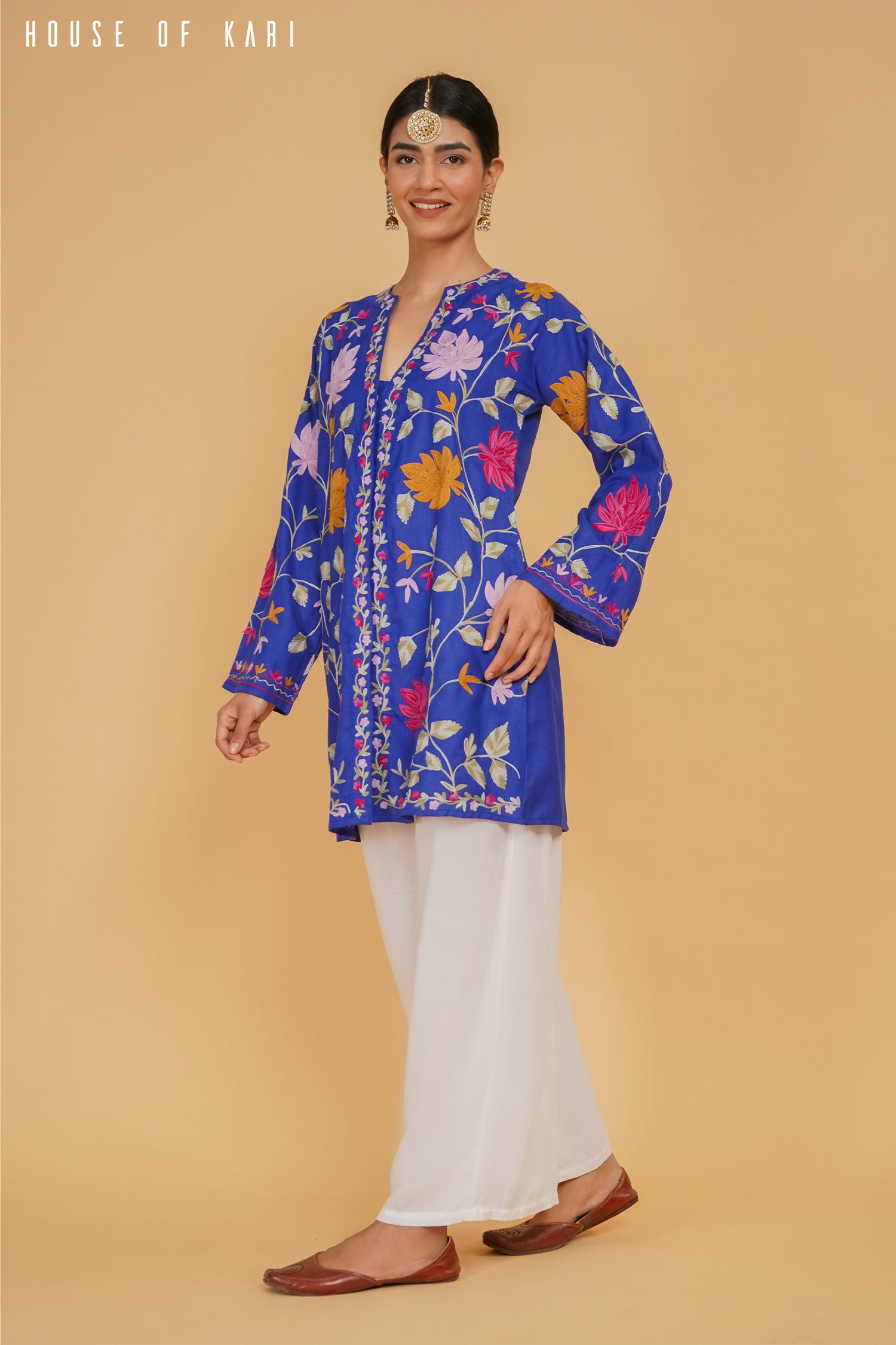 Kashmiri Aari Work Cotton Kurta Jacket – Royal Blue