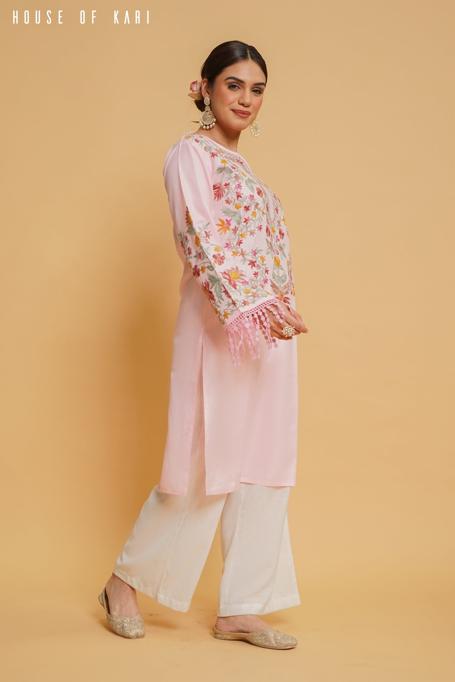 Kashmiri Aari Work Cotton Long Kurta – Pink