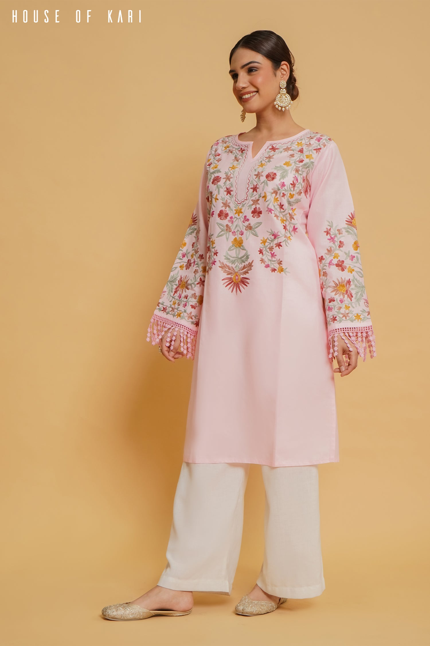 Kashmiri Aari Work Cotton Long Kurta – Pink