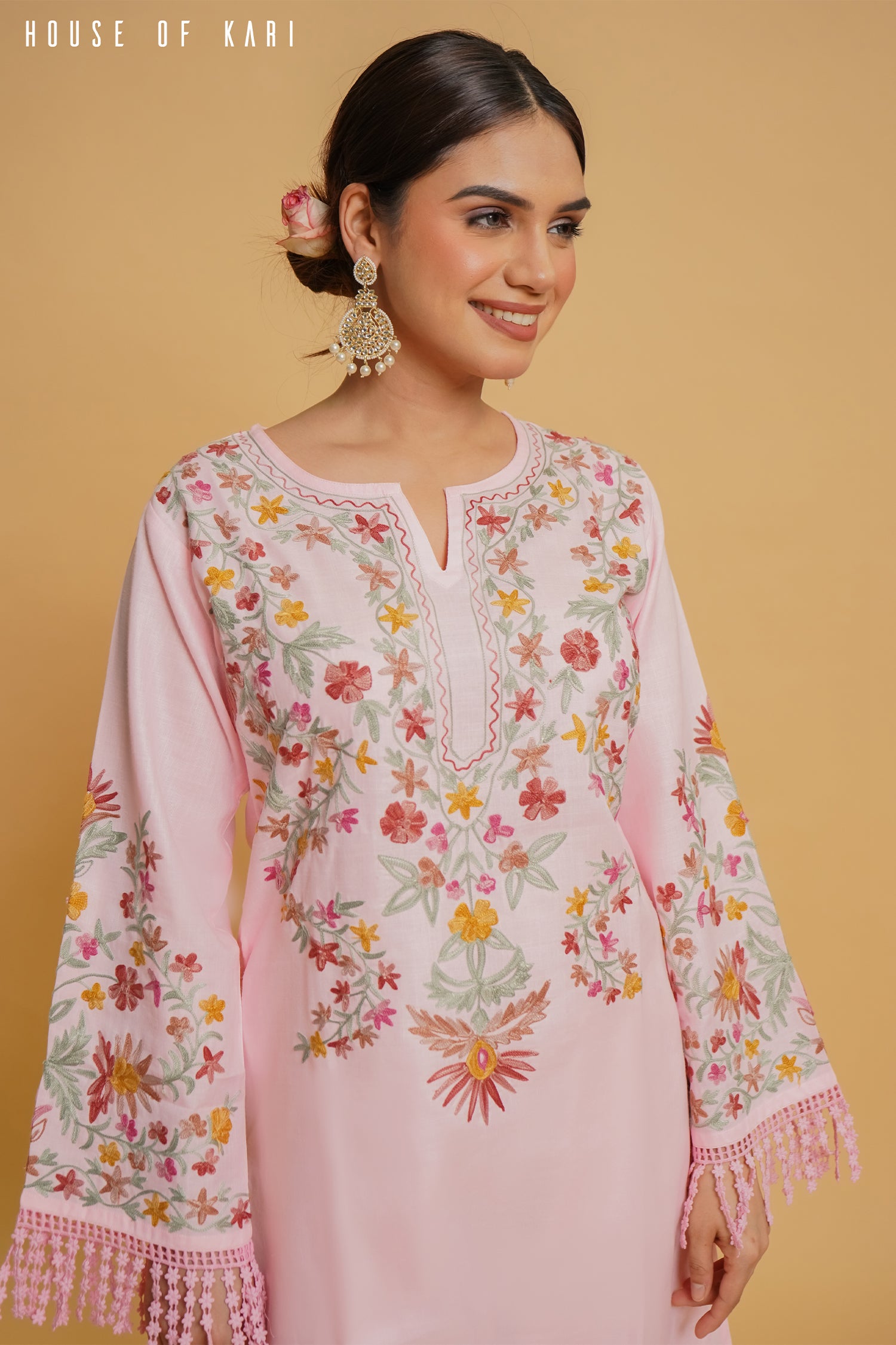 Kashmiri Aari Work Cotton Long Kurta – Pink