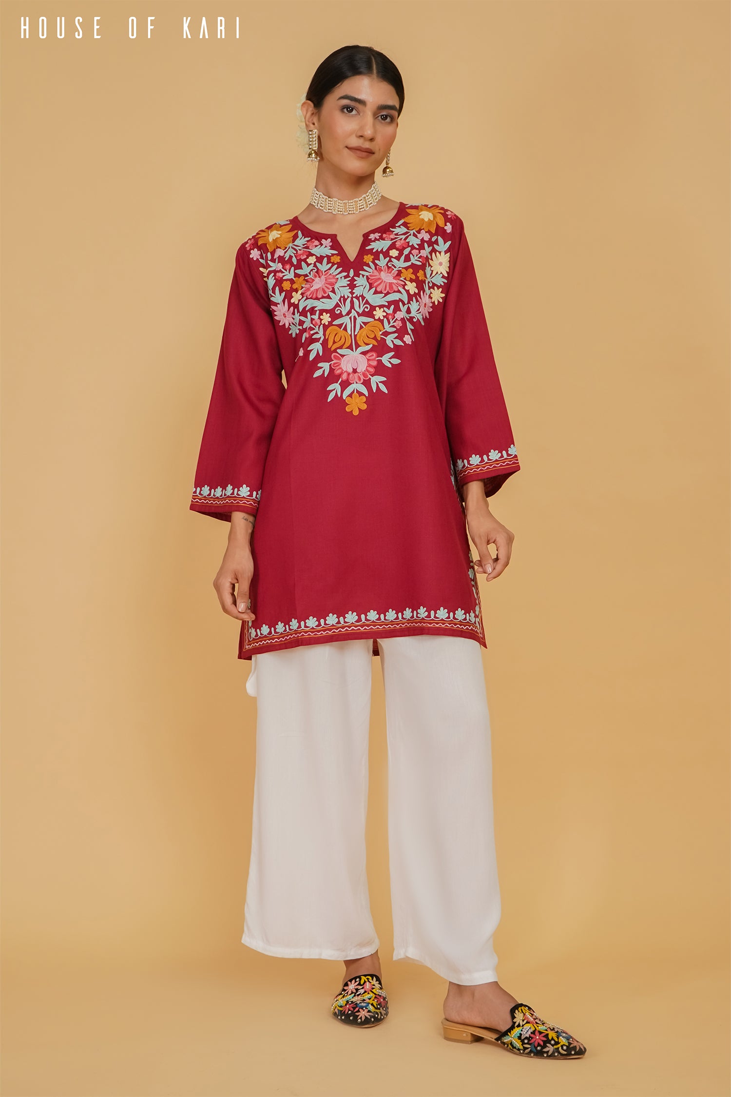 Kashmiri Aari Work Cotton Short Kurta – Maroon