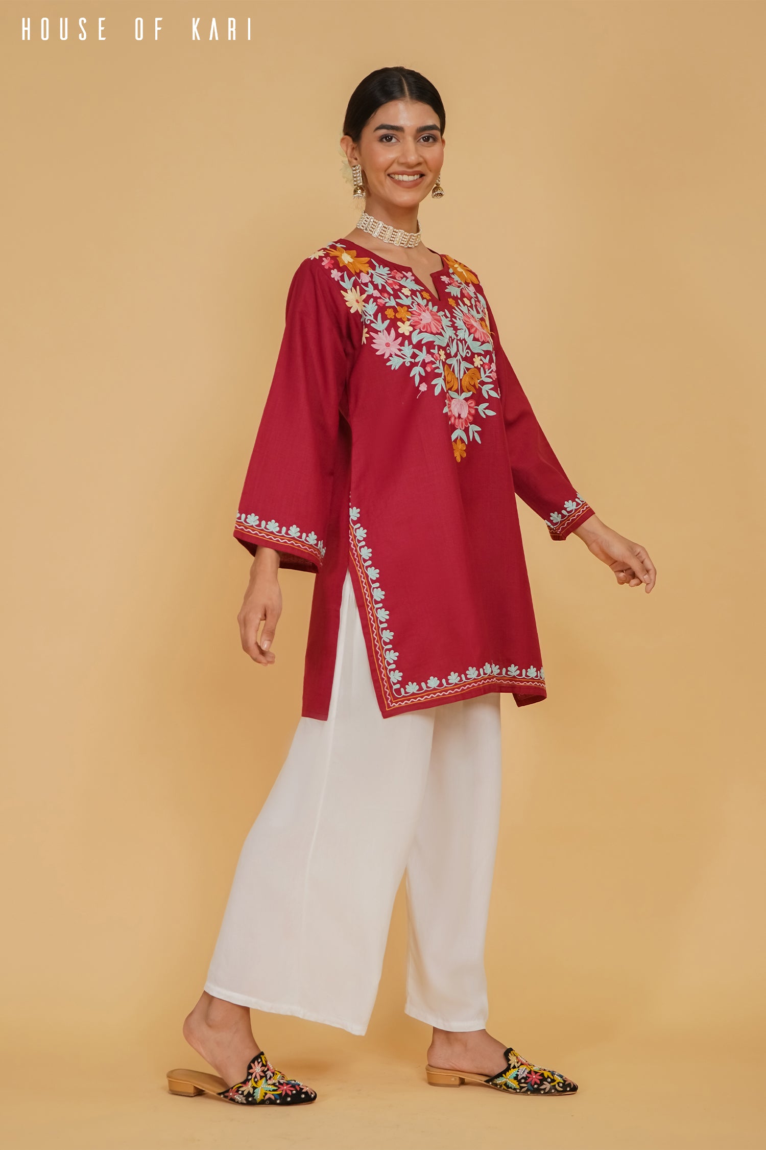 Kashmiri Aari Work Cotton Short Kurta – Maroon