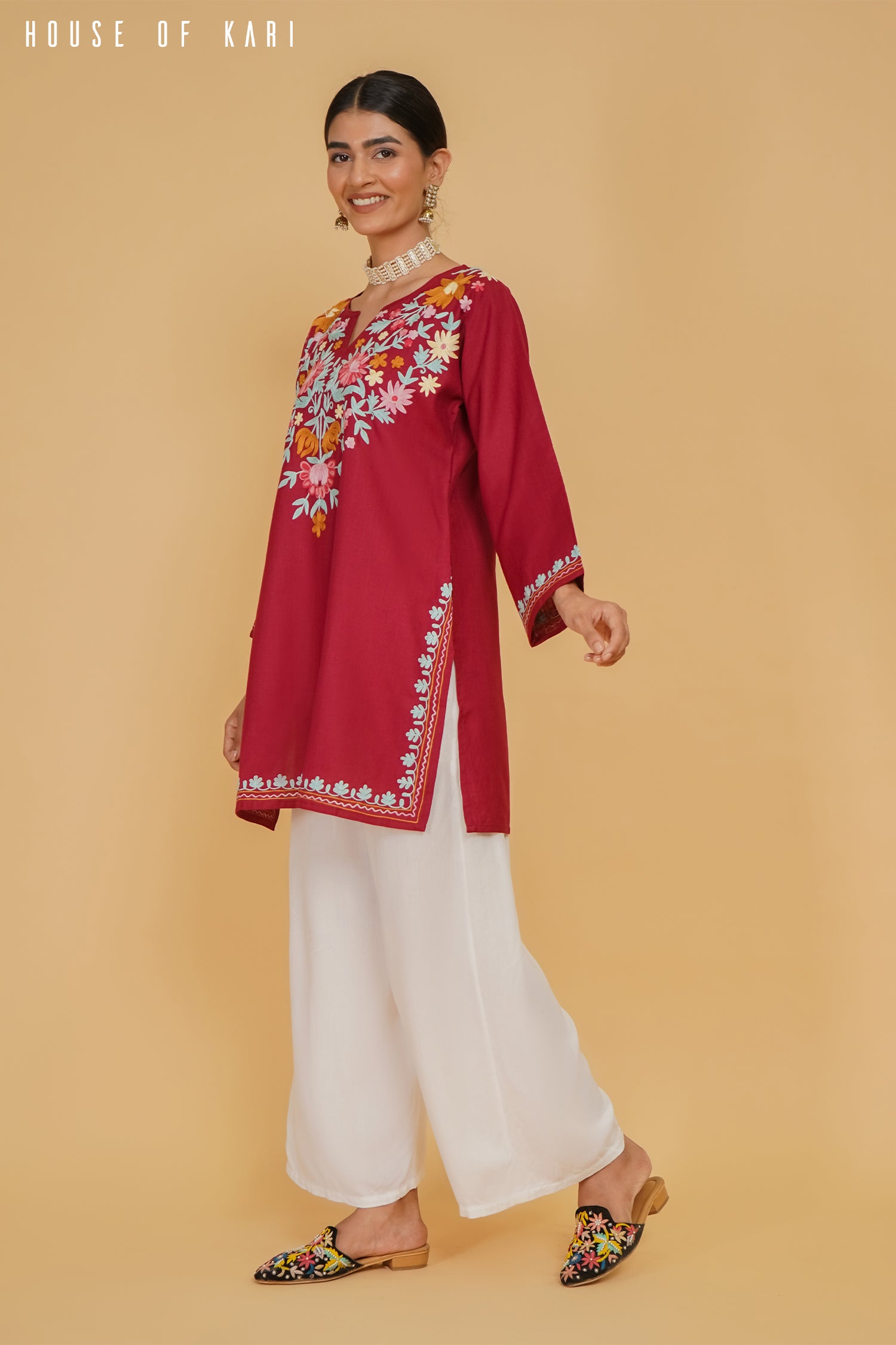 Kashmiri Aari Work Cotton Short Kurta – Maroon