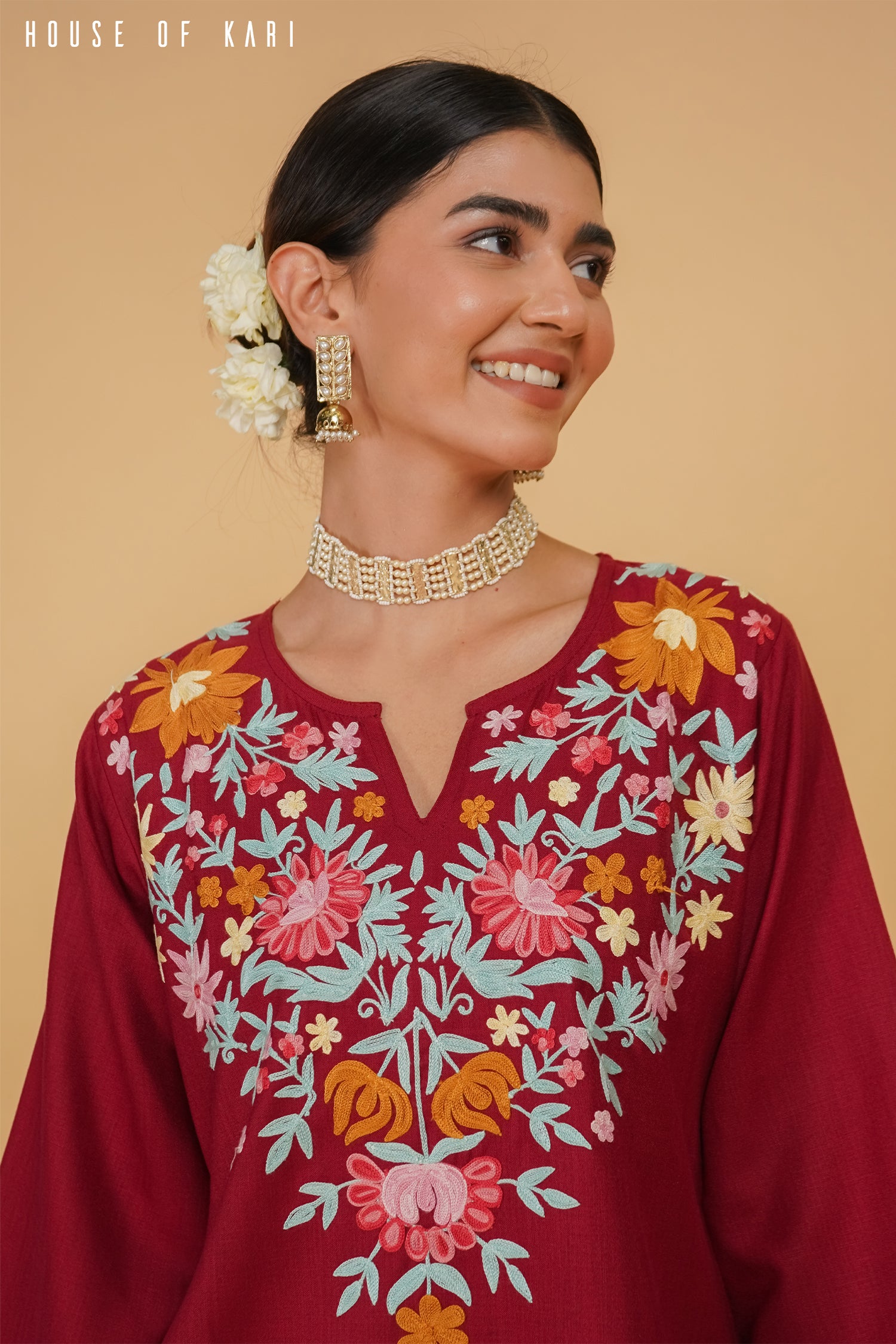 Kashmiri Aari Work Cotton Short Kurta – Maroon